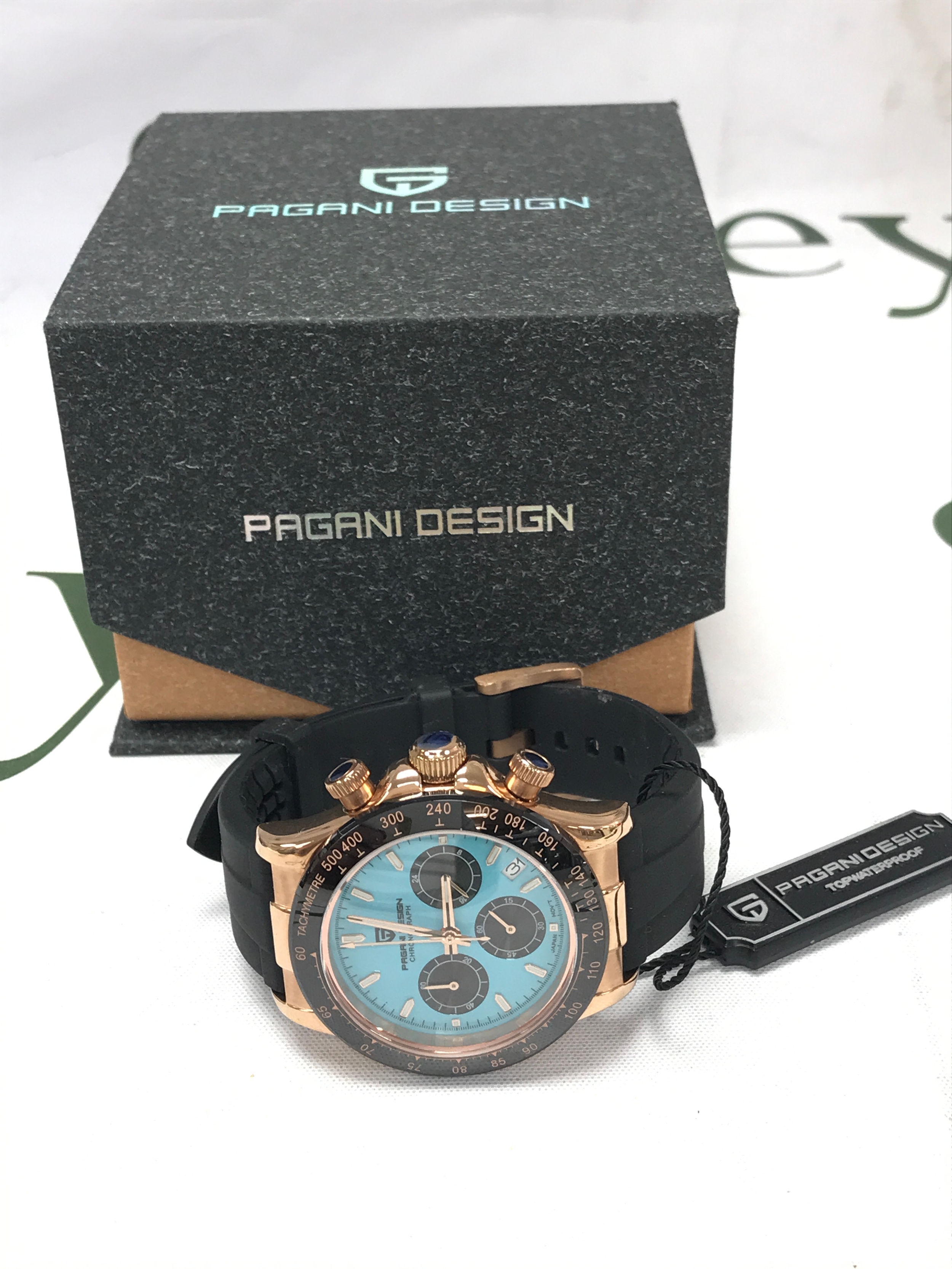 A boxed Pagani design chronograph gents watch, seen working 