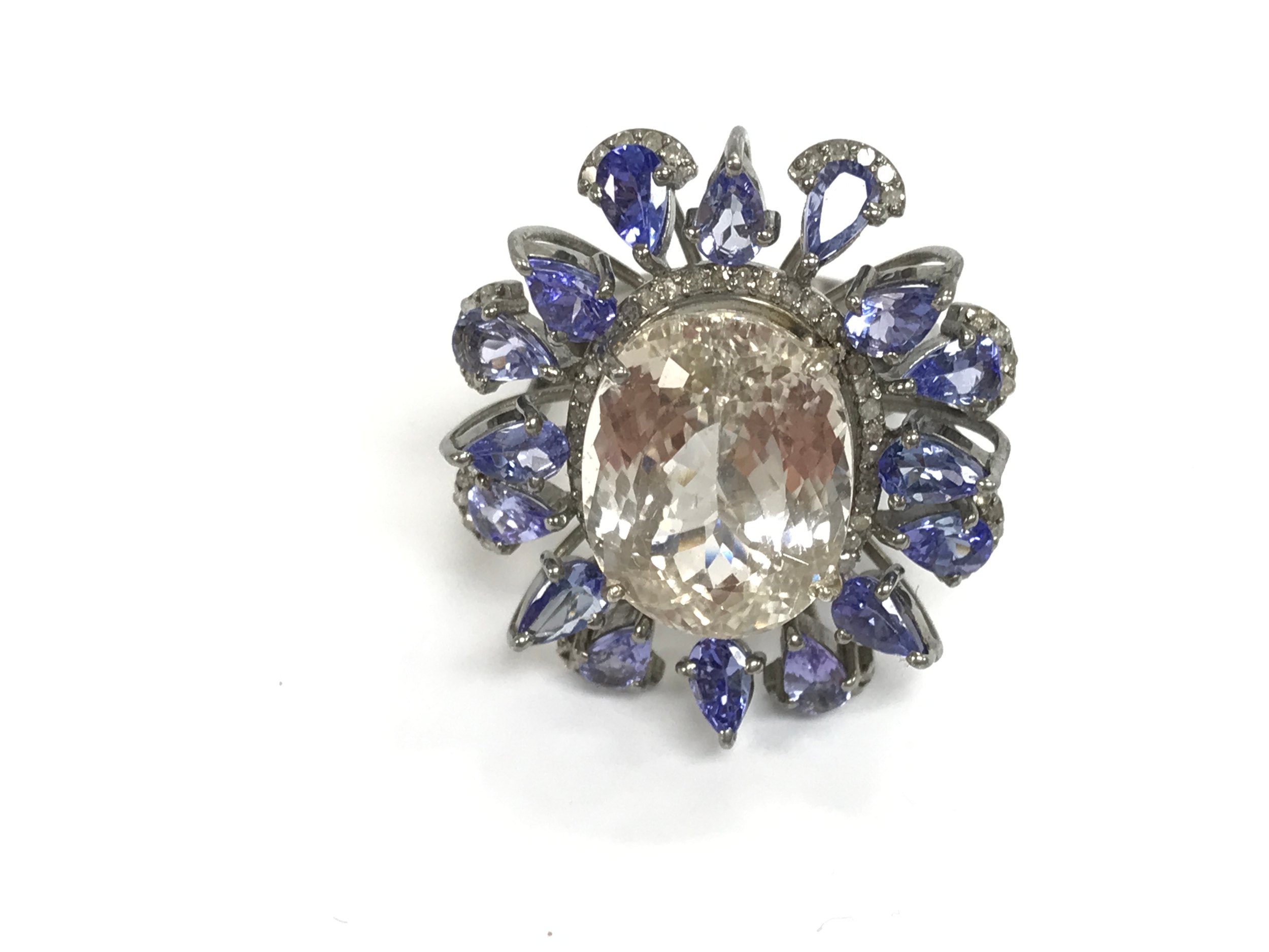 Silver large dress ring set with oval morganite pear shaped tanzanite and diamonds. size N 1/2
