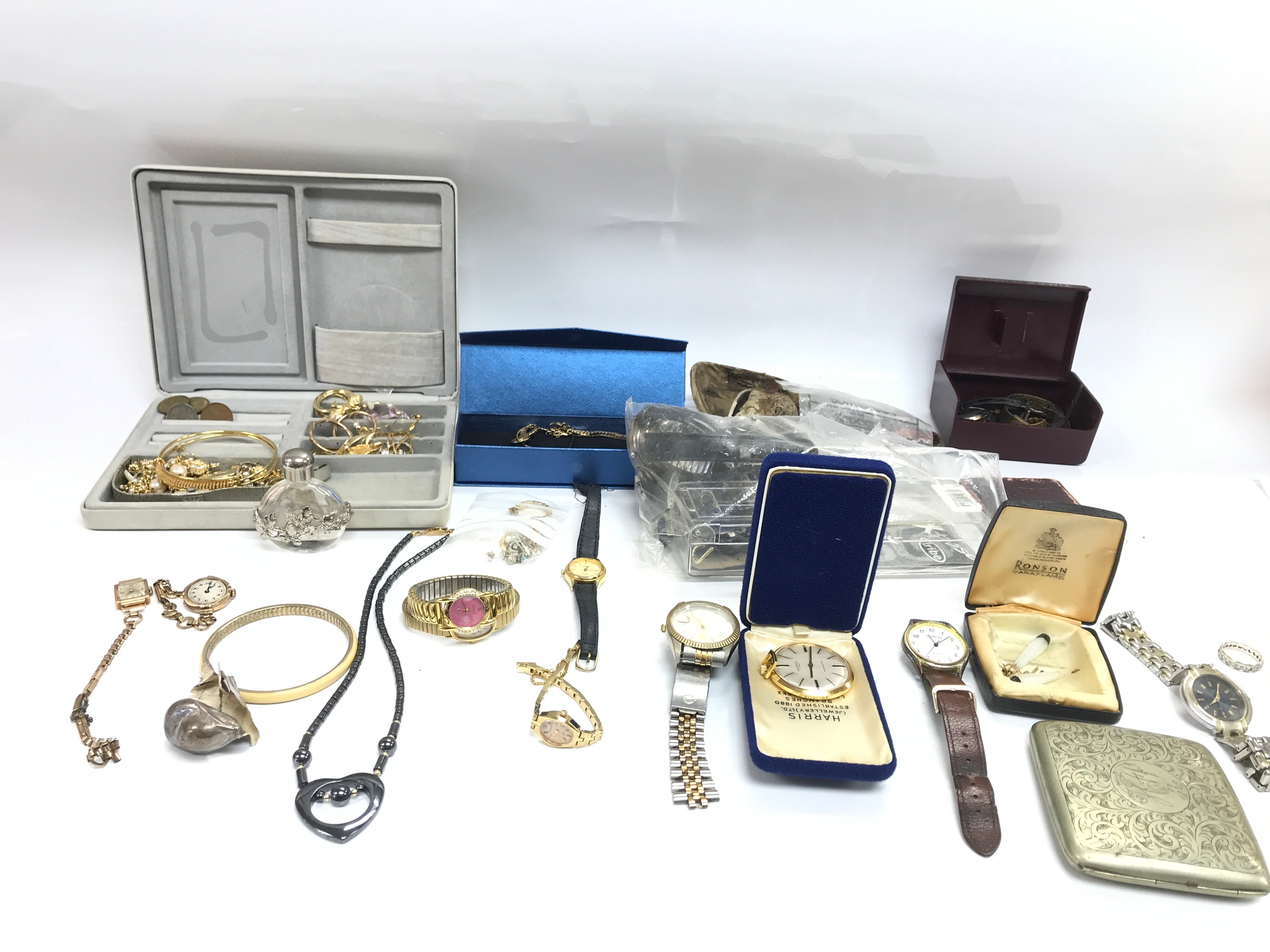 Collection of watches,and costume jewellery including an 18ct small wristwatch and a 9ct small wristwatch. 28.3g  