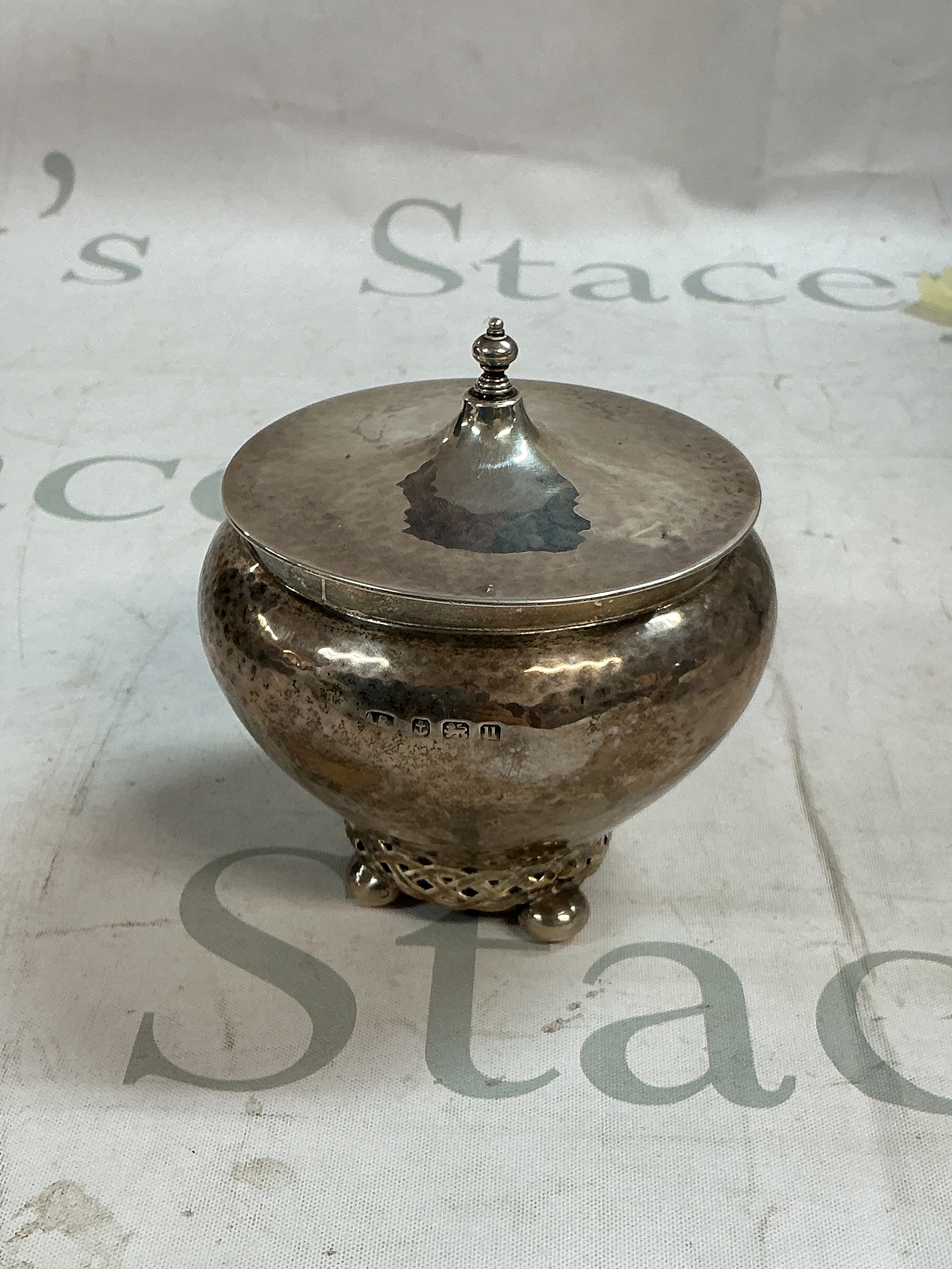 A London hallmarked silver lidded pot. Total Weight 170g. 