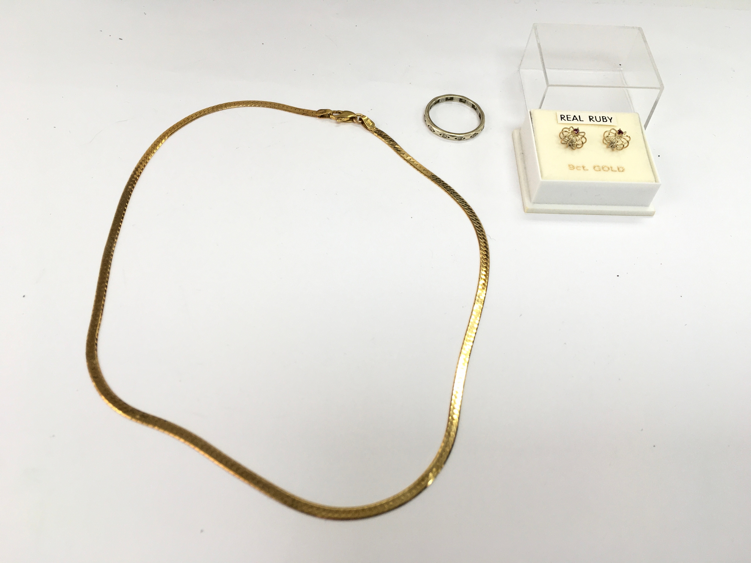 9ct gold necklace a 9ct ring and a pair of 9ct earrings. approx 8g