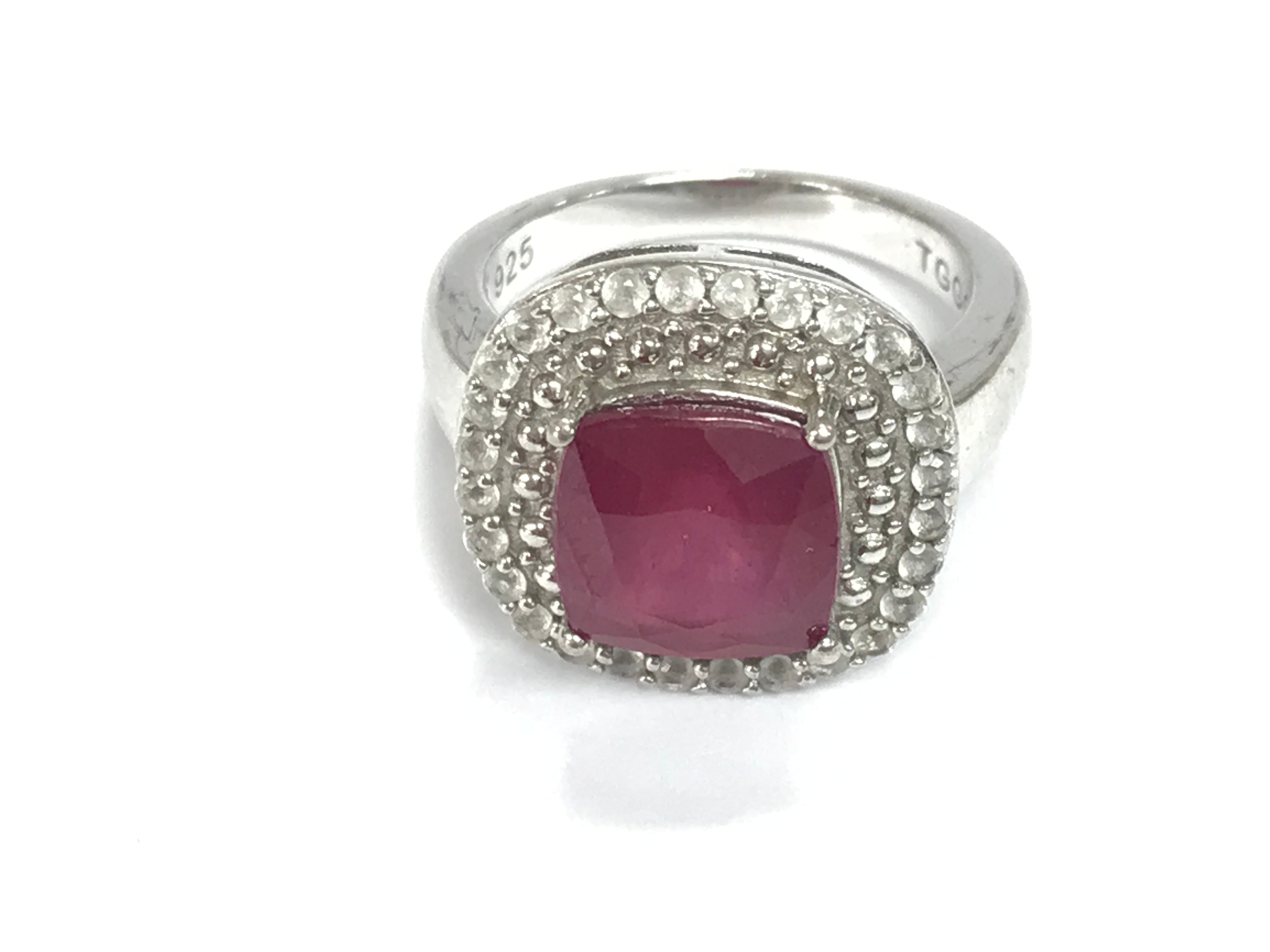 Silver ring set with ruby and white topaz. Size L 1/2 NO RESERVE