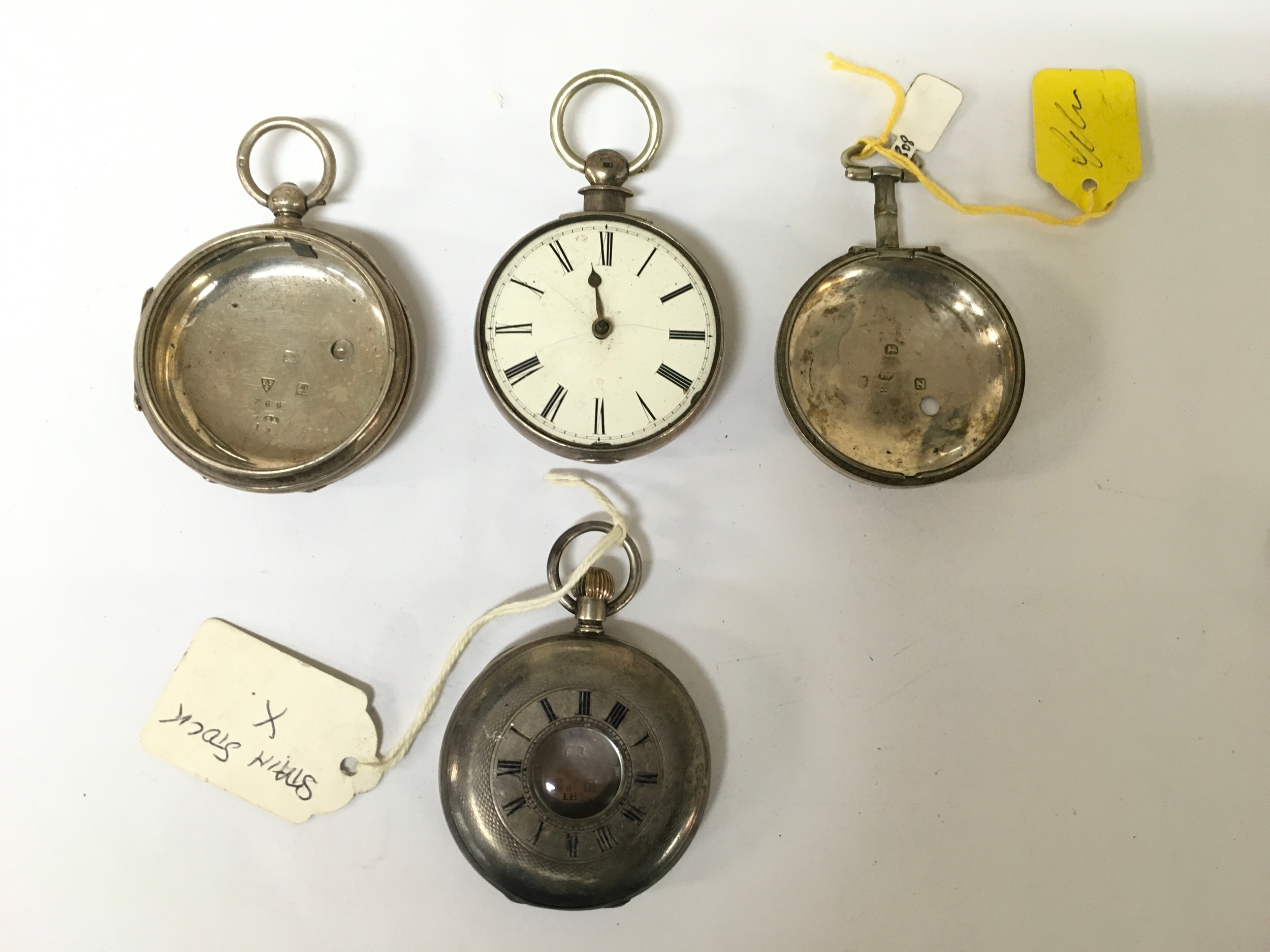 Three 19th century silver watch cases plus one back, all hallmarked. Offered for spares or repairs 240g