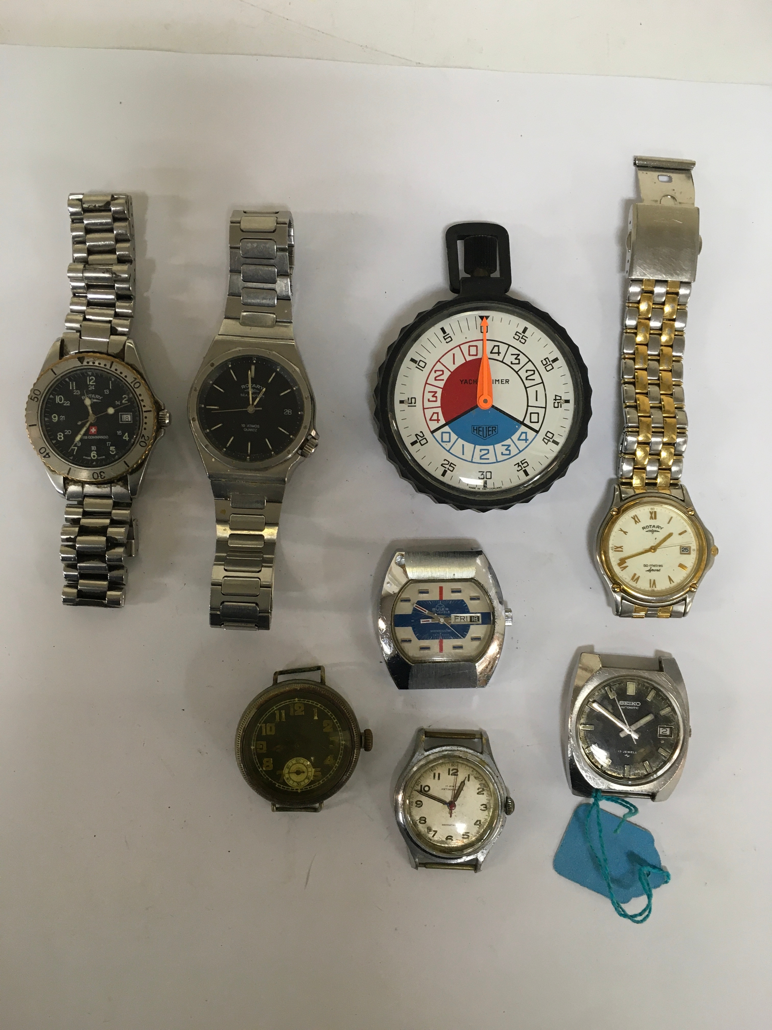 Three Rotary wristwatches, a Heuer stopwatch plus various vintage watch faces. All a/f