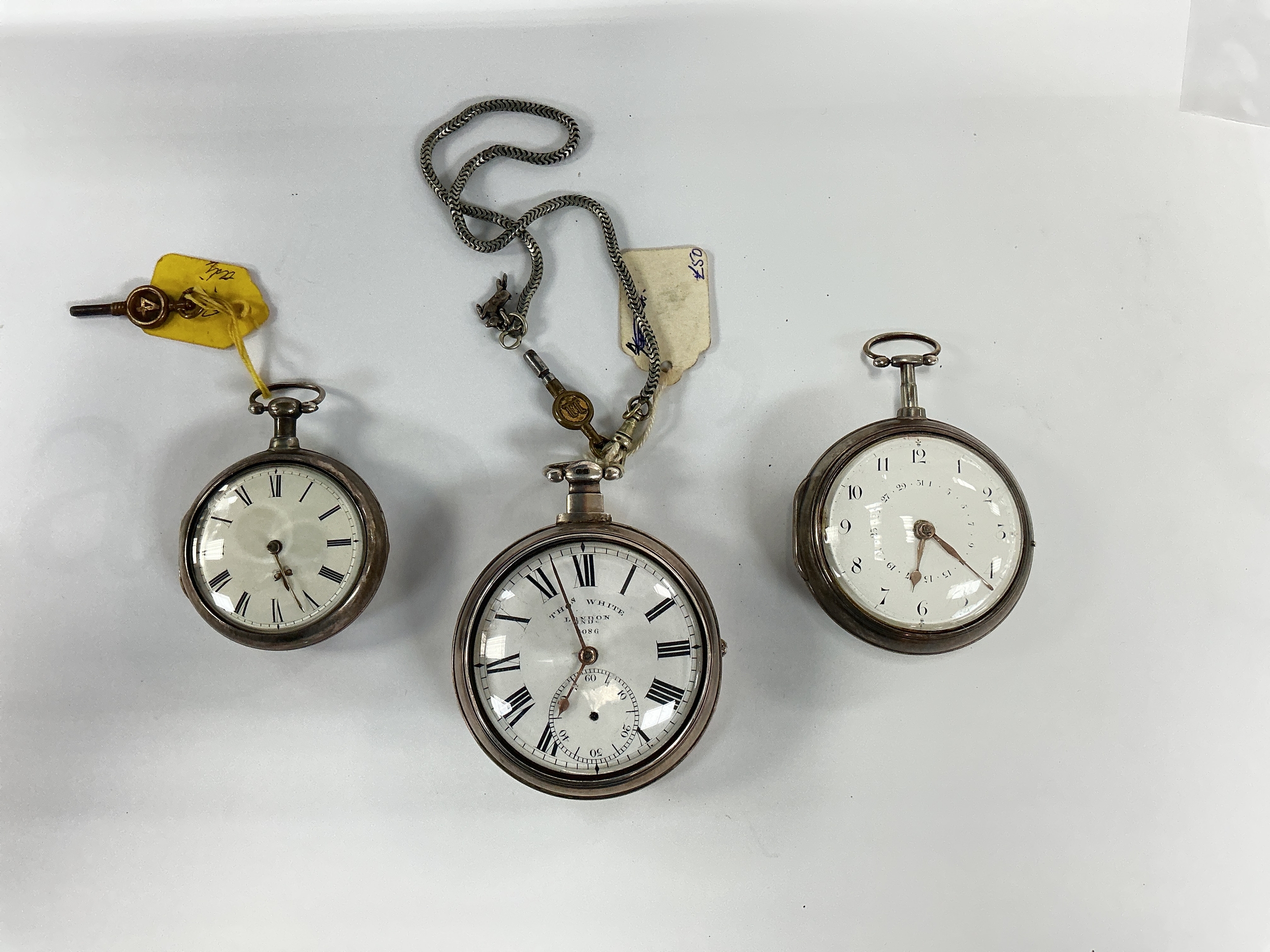Three 19th century silver cased pocket watches including a Thomas White example. Offered for spares or repairs