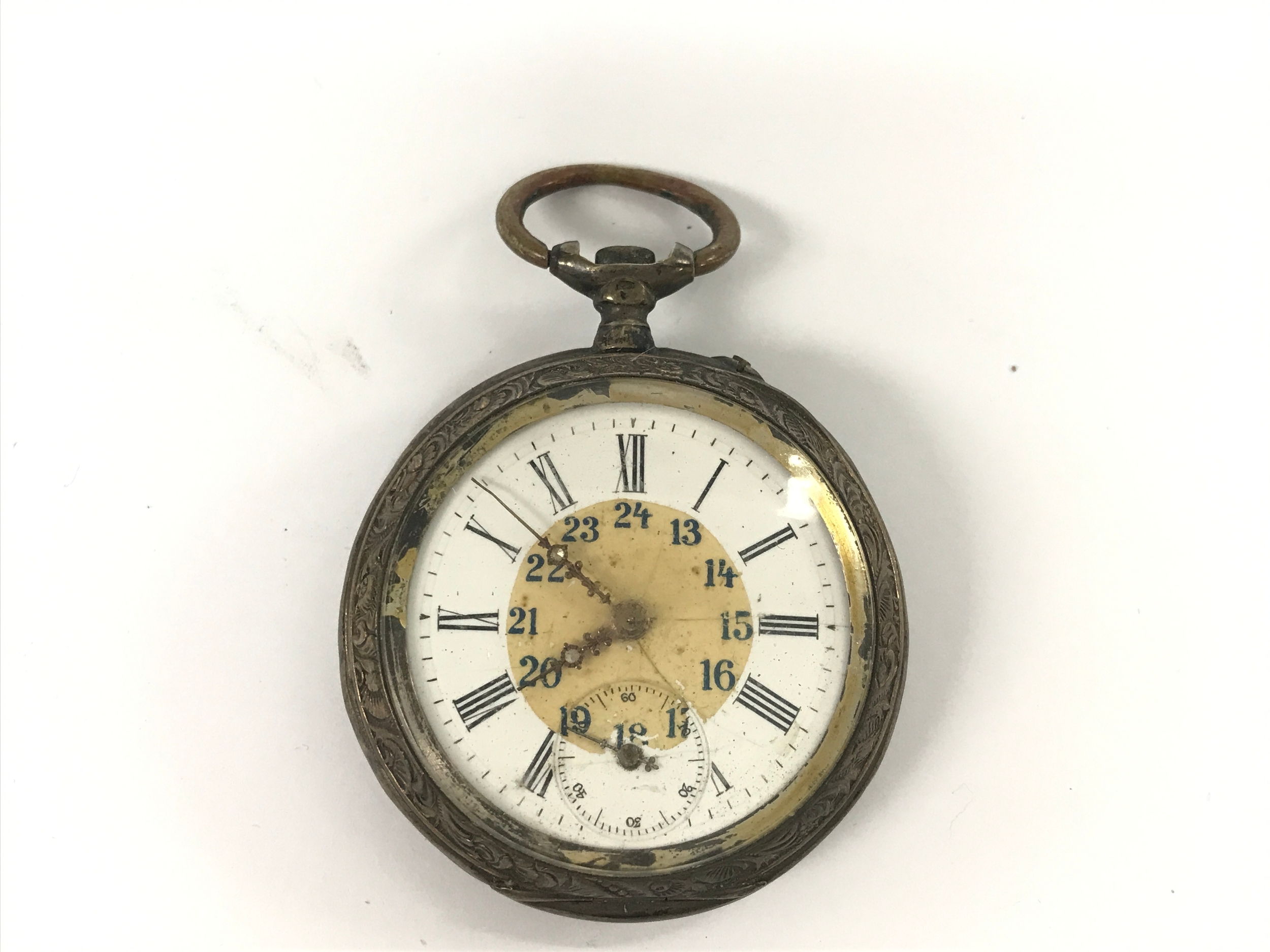 vintage pocket watch features an embossed imperial eagle motif on its silver case. 
72g