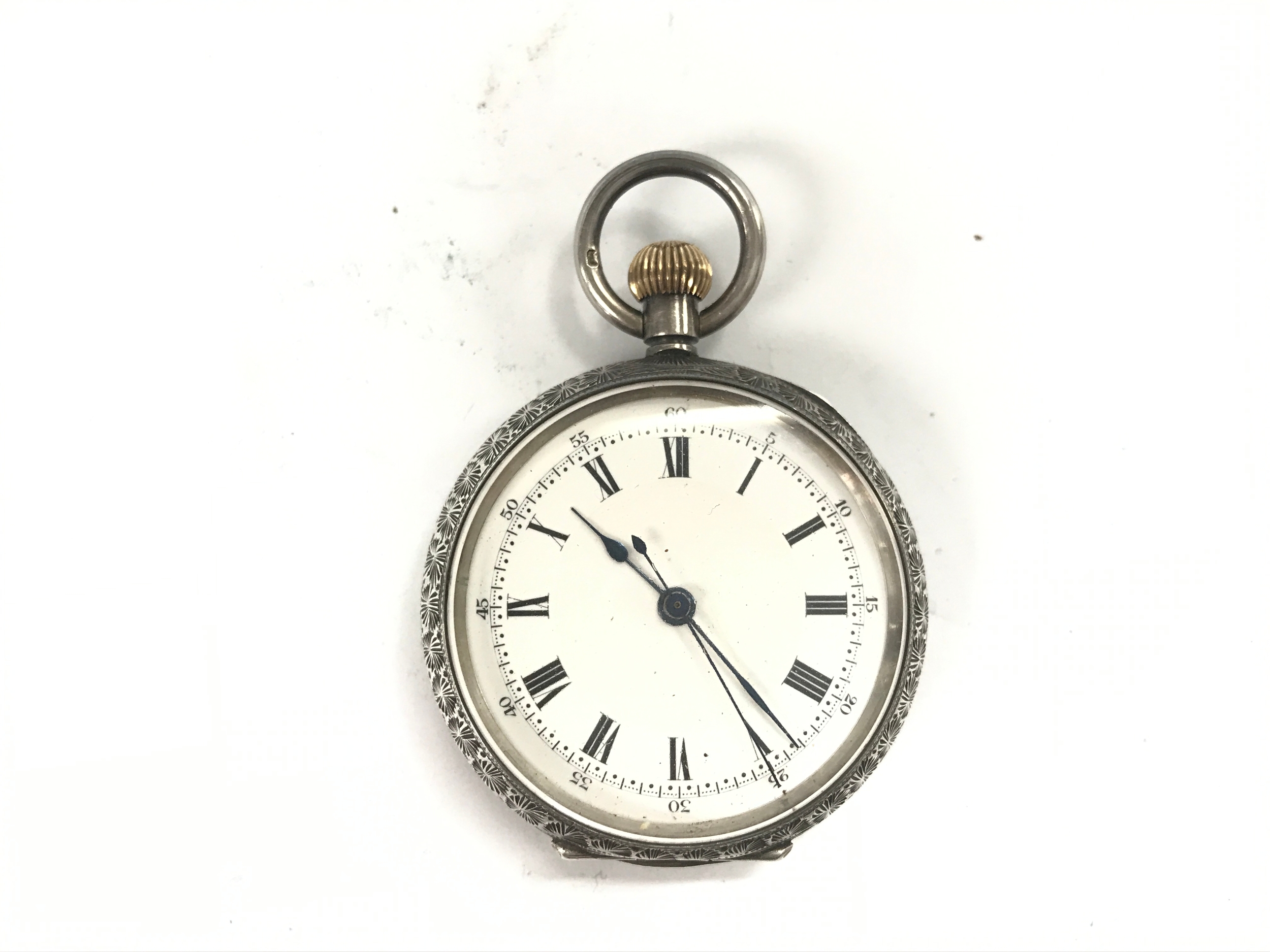 antique silver open face nurses pocket watch approximately 40mm case. winds and runs. 
