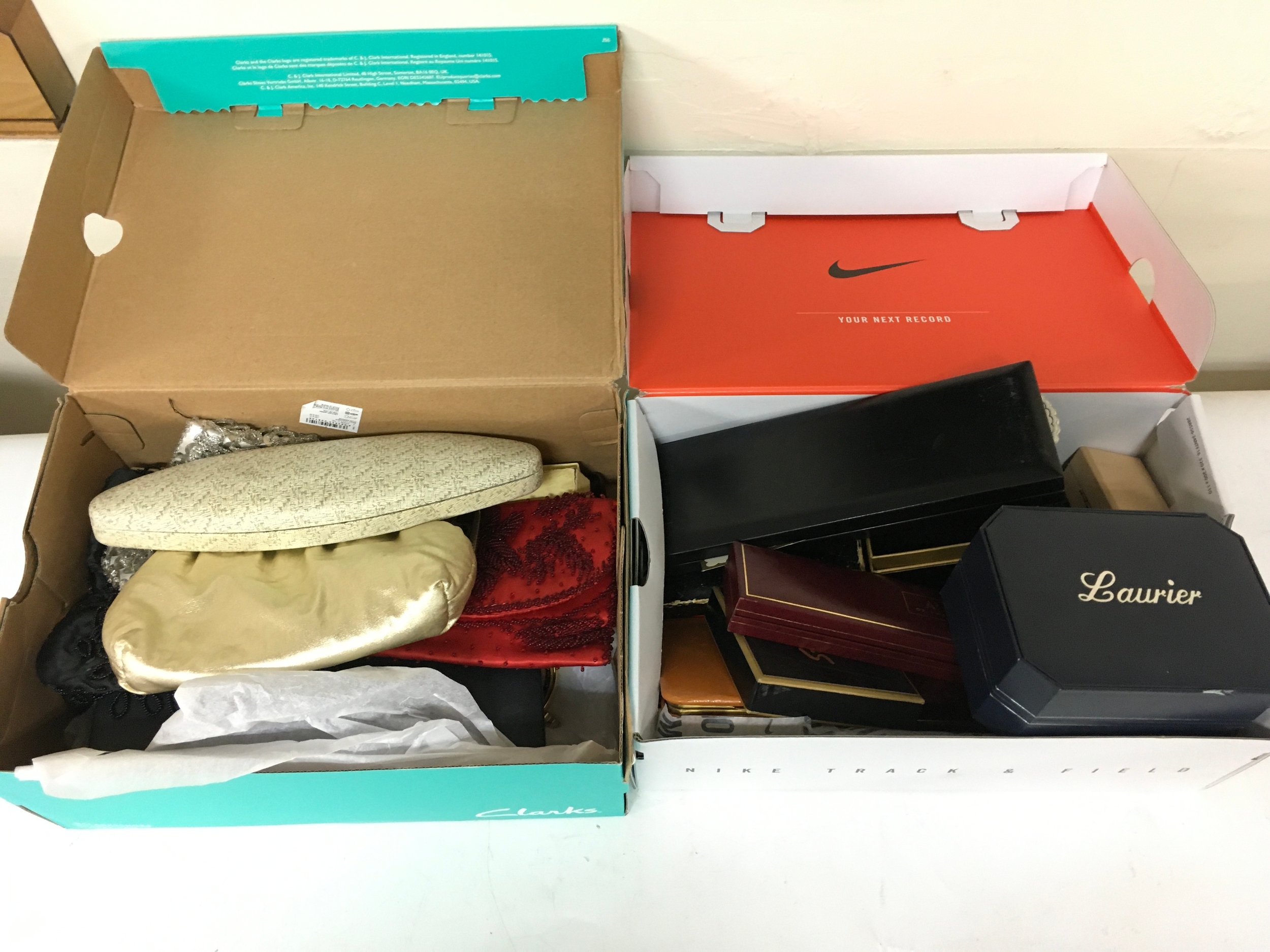 Two boxes of costume jewellery including compacts, necklaces, brooches, German sports club medal, cufflinks etc