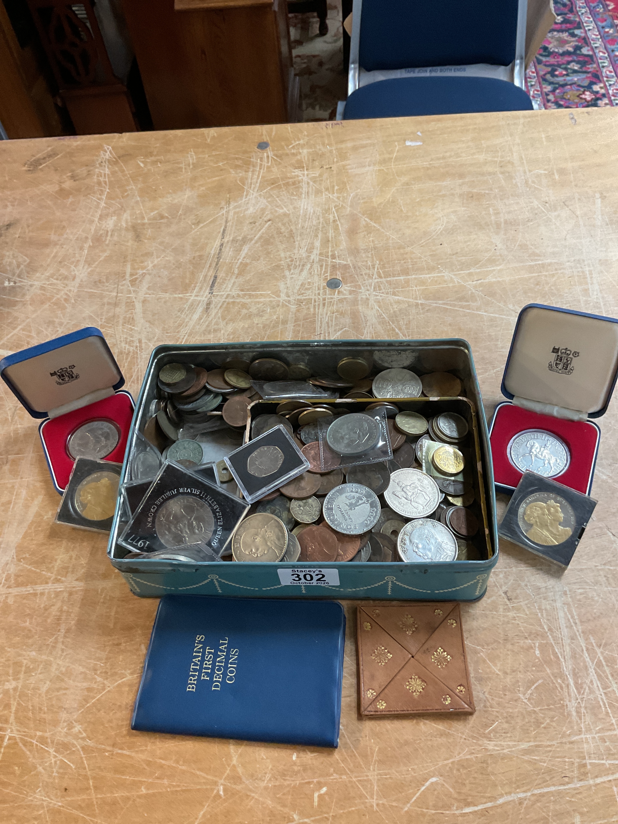 Tin of coins to include cupro, pennies, world, crowns, £5 coins Repro Chinese etc.