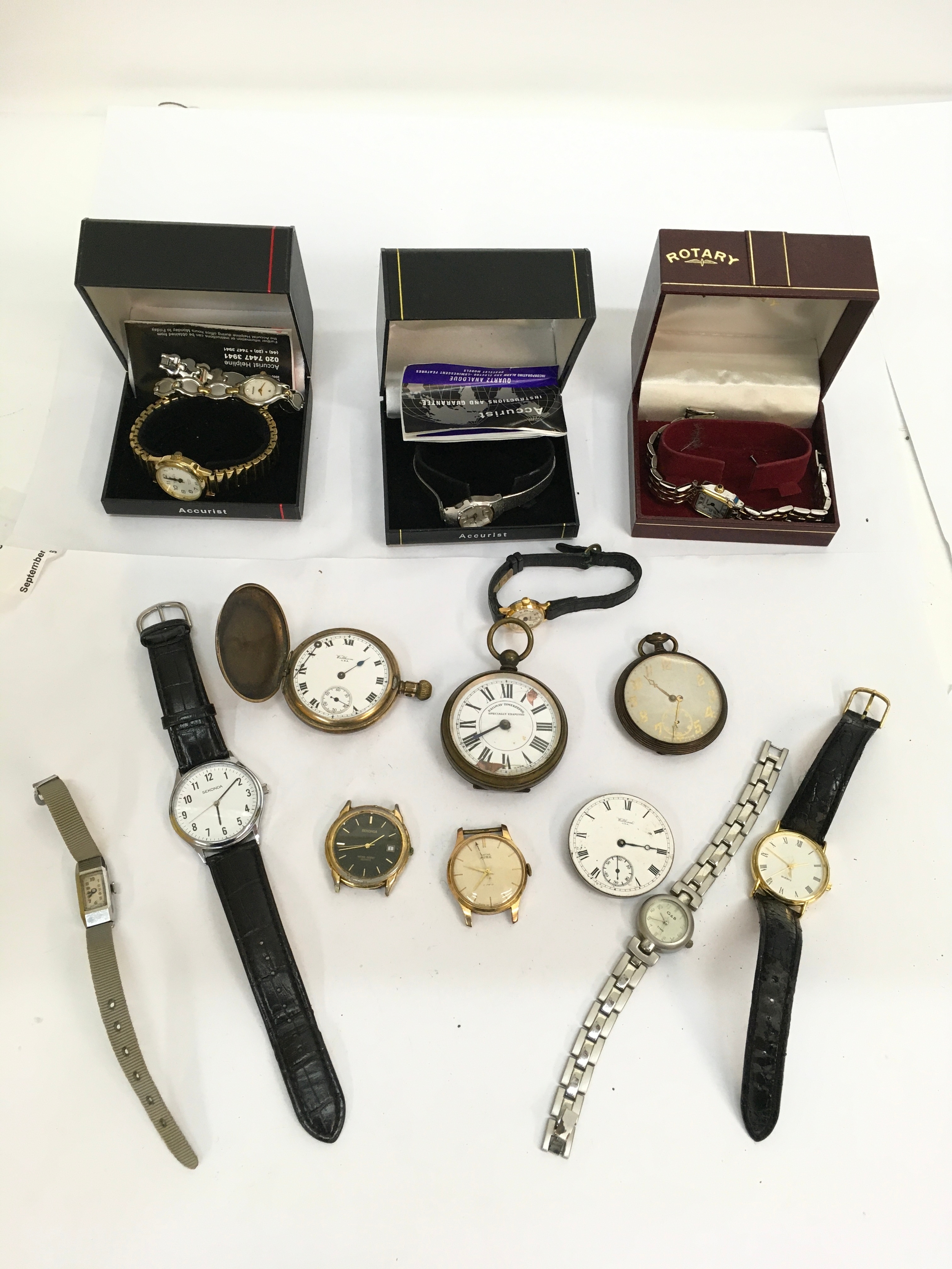A collection of watches including a Waltham, Railway Timekeeper and Rotary examples. Some a/f, all untested.