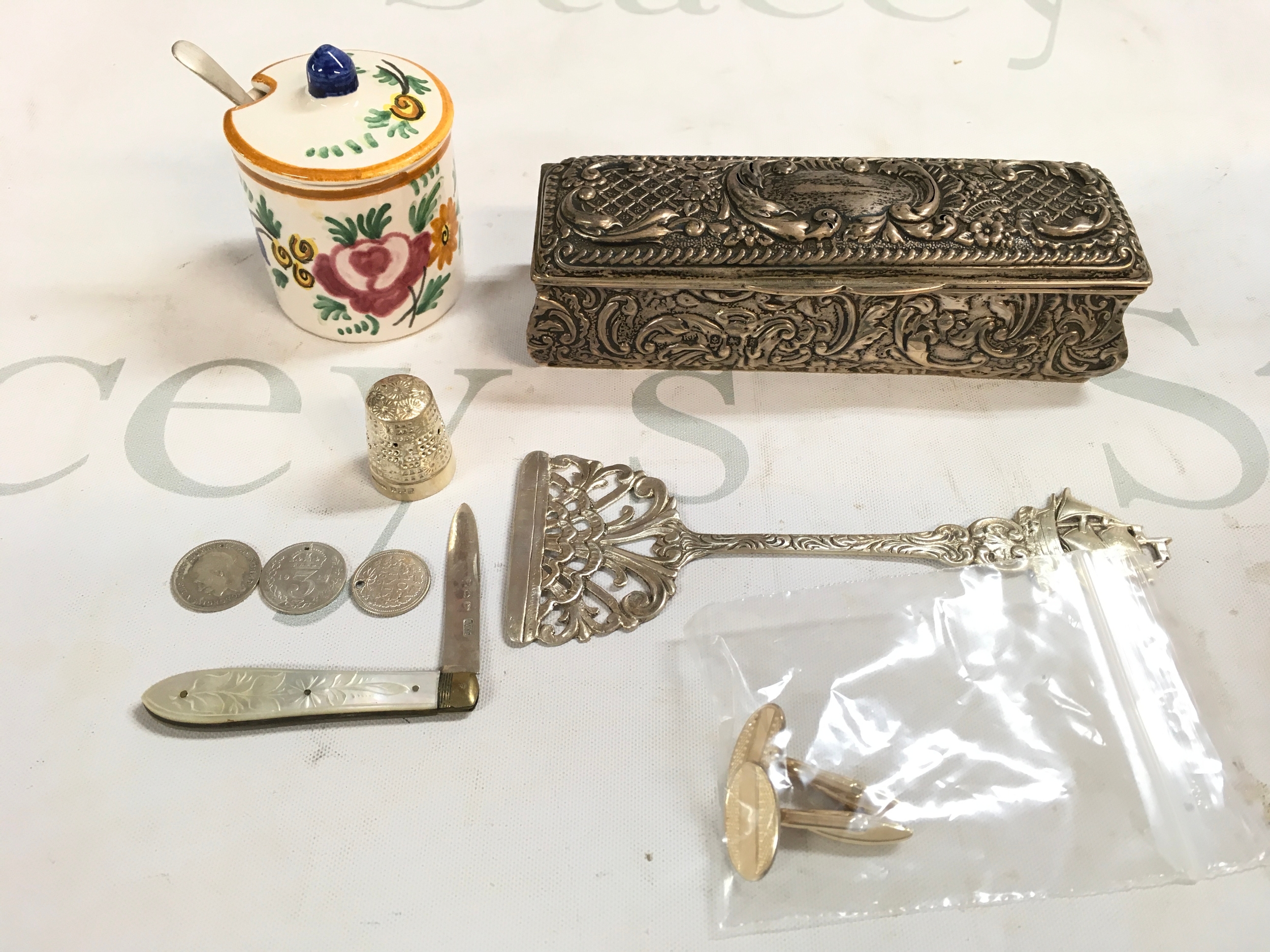 French mustard pot , decorative pierced server, three old coins 