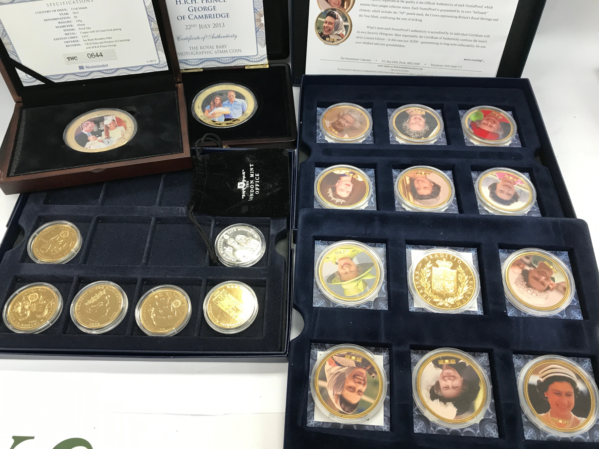 A large collection of assorted commemorative coinage including gold plated examples. NO RESERVE