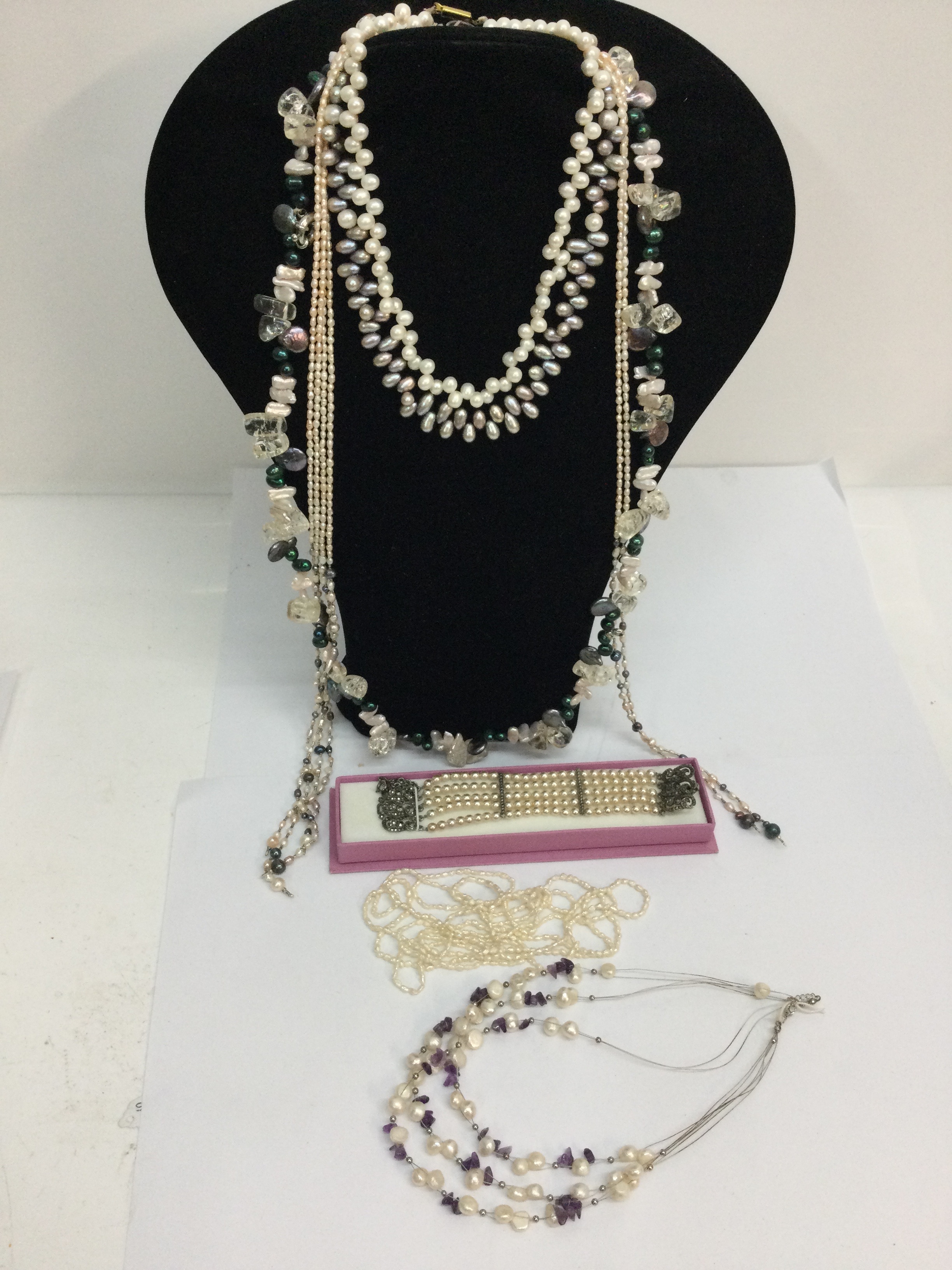 A cultured, coloured pearl choker necklace with silver clasp, two other examples, plus seed pearl and simulated jewellery NO RESERVE