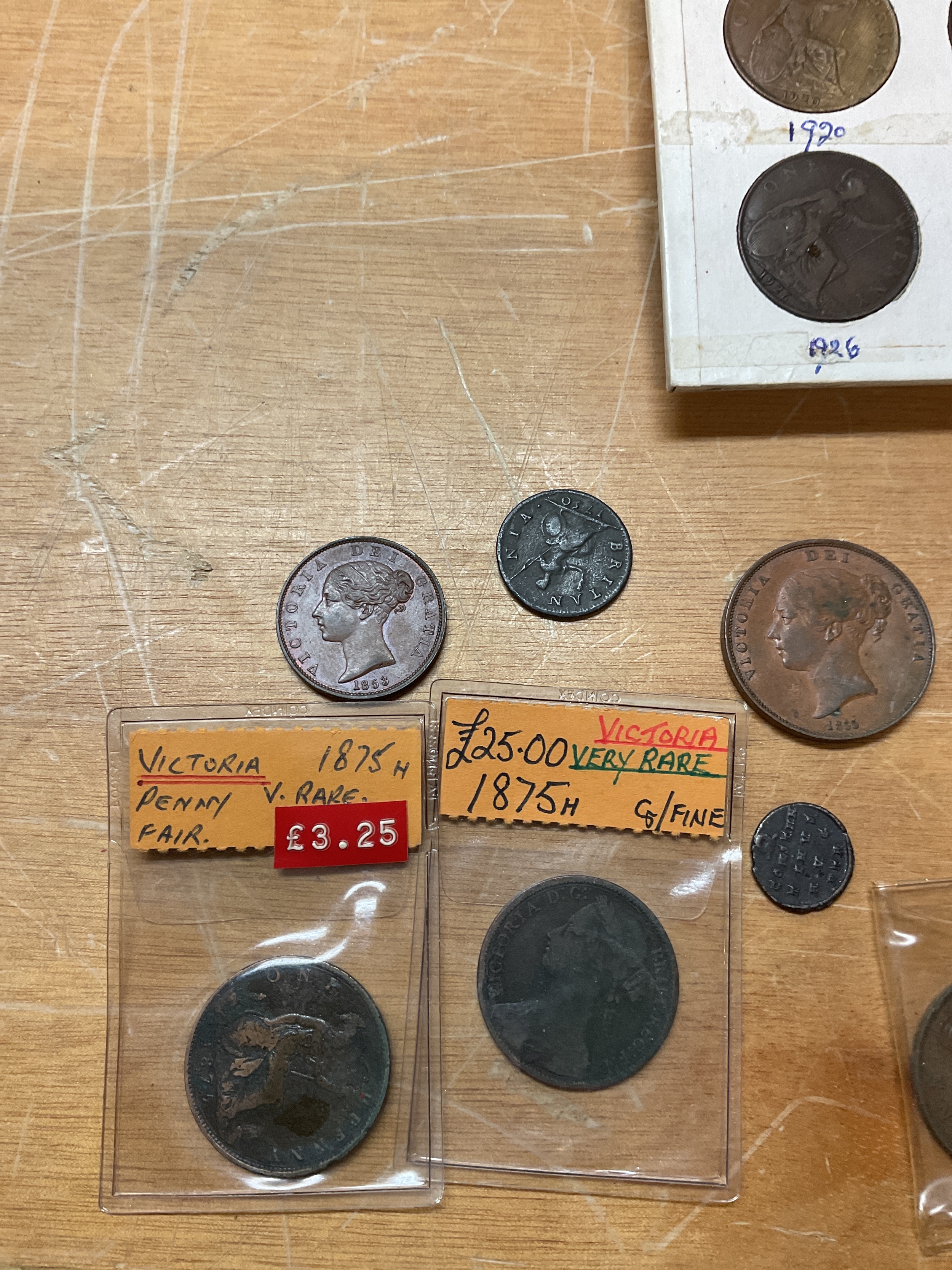 Rare pennies and later examples to inc 1855 penny, 1853 half penny,two 1875 Heaton mint penny, King Norton issues, 1949 low mintage three pence, and penny collecting box.