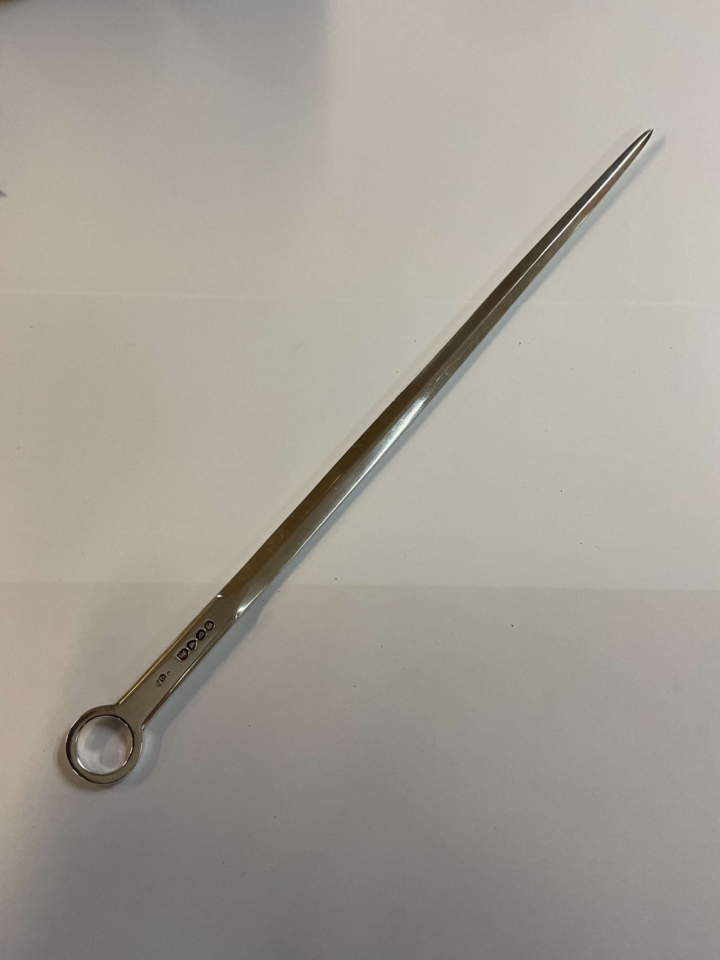 Victorian silver meat skewer, 33cm length, maker Chawner & Co, (George William Adam), London 1859.weight 115 grams.