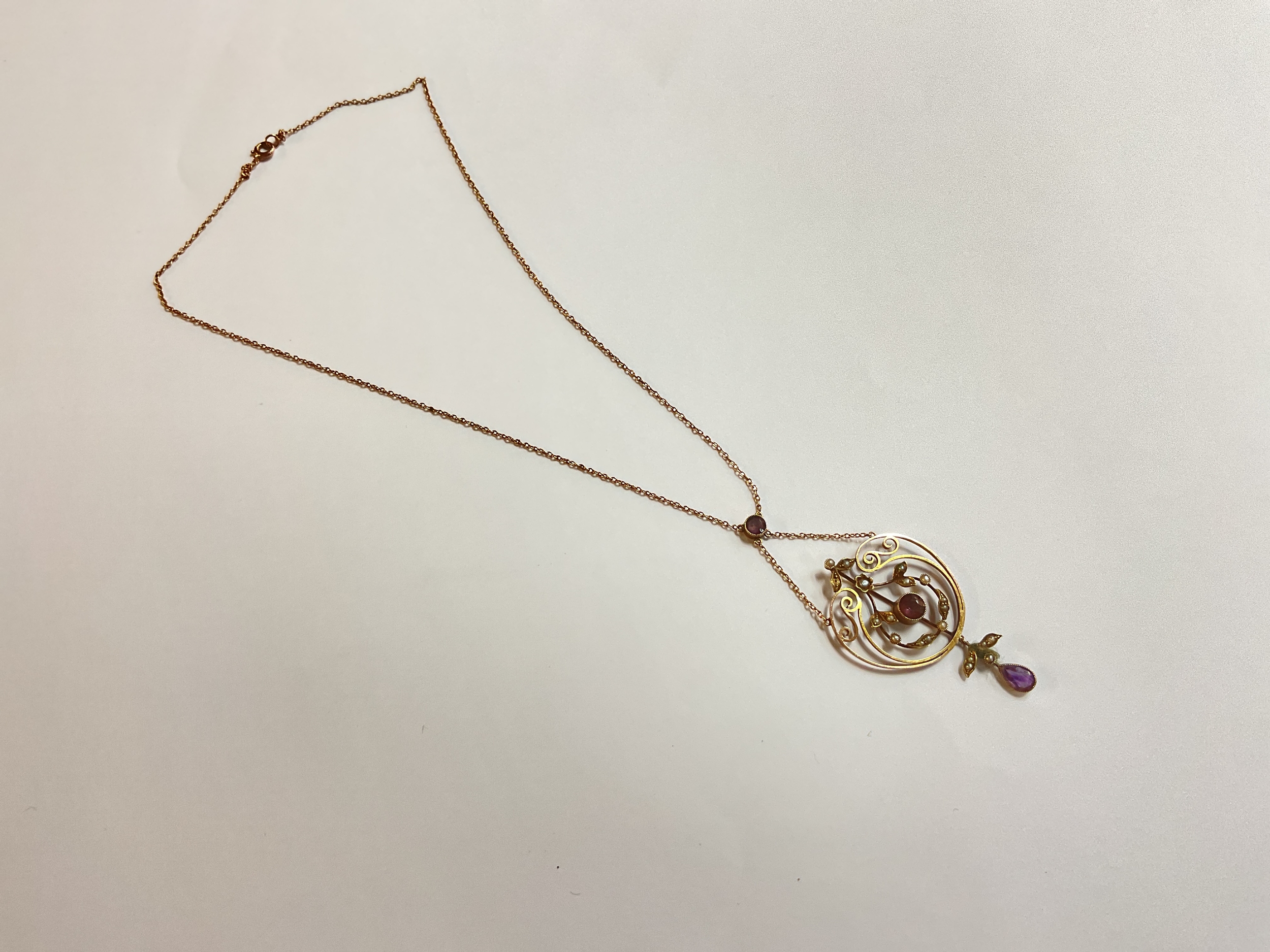 Edwardian amethyst and seedpearl articulated pendant on fitted chain 5g