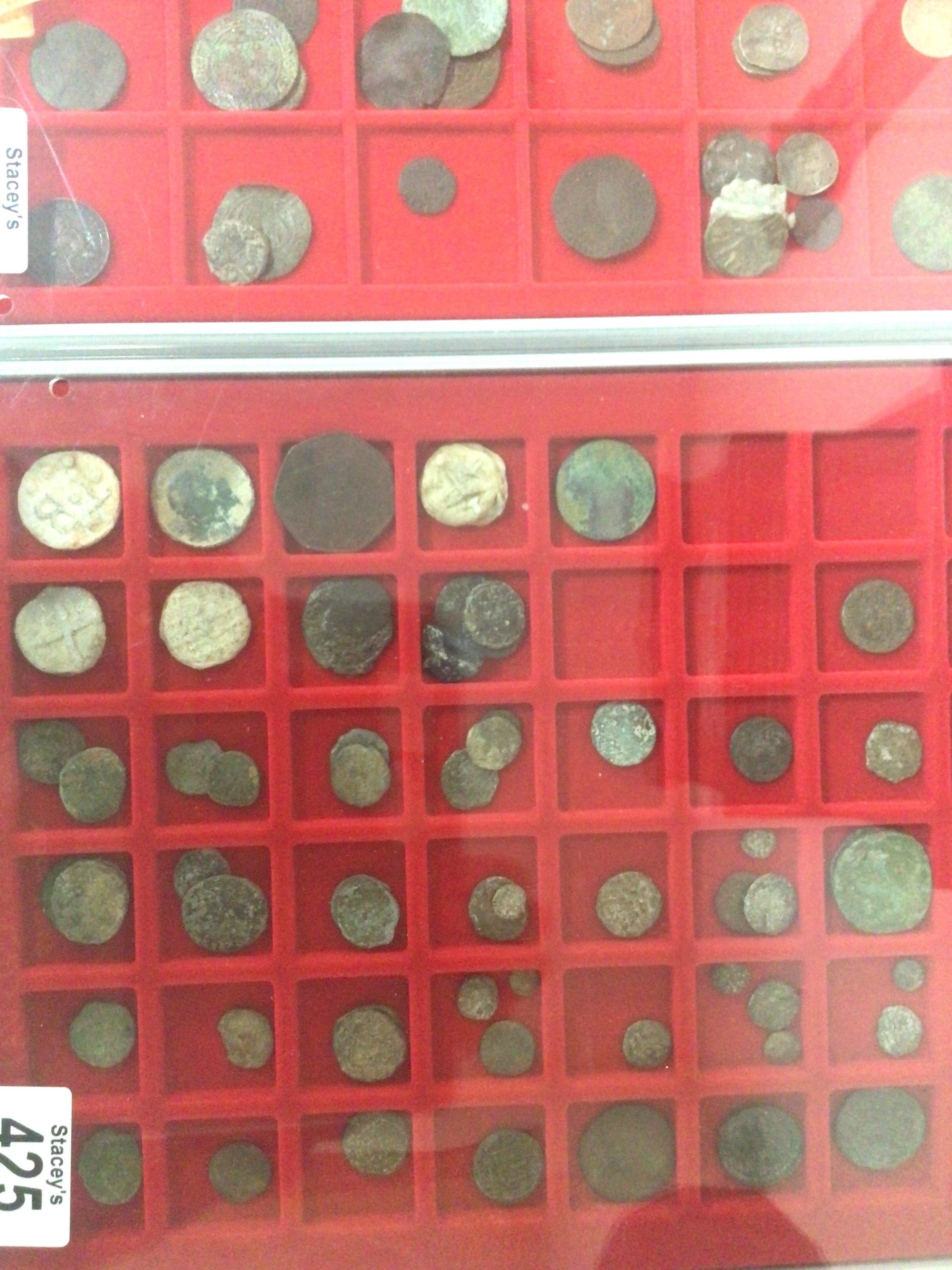   Two trays containing metal detectors fines mainly ancient coins and hammered medieval coins Roman and later coins and some tokens. (2) 