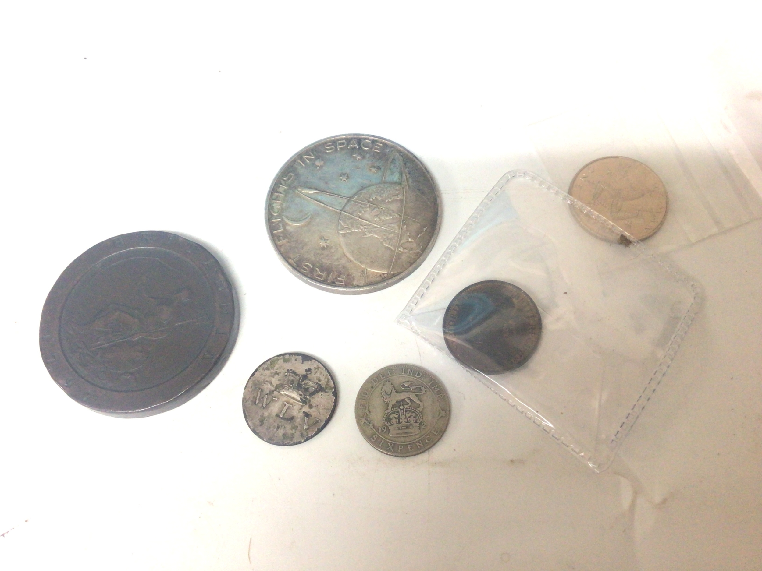 A silver coin 1961 First flight into Space a George III 1797 Cartwheel Penny an intresting Antique military button and other coins. 