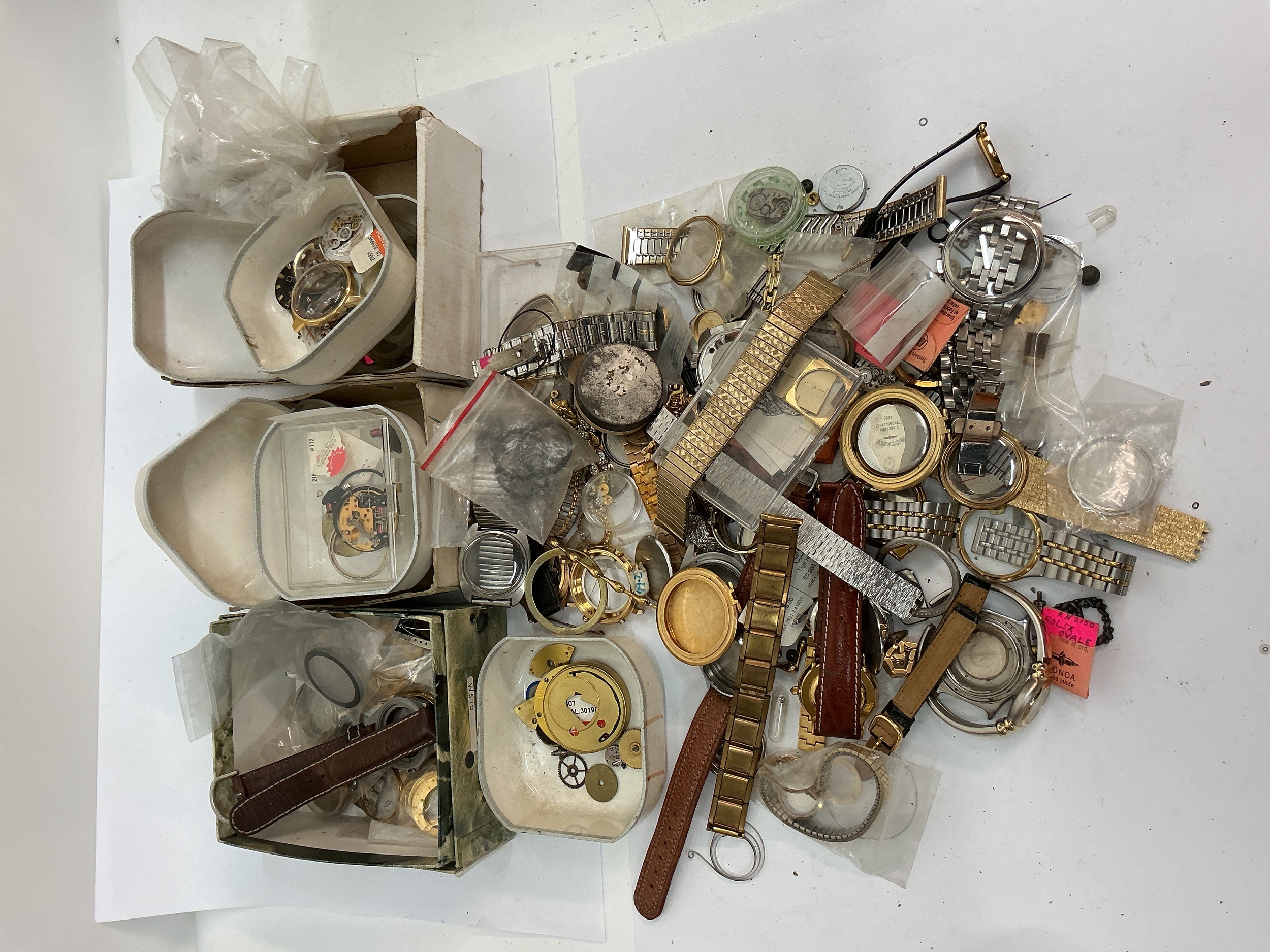 A quantity of assorted watch straps and parts including a Rolex outer box.  Offered as spares or repair. 