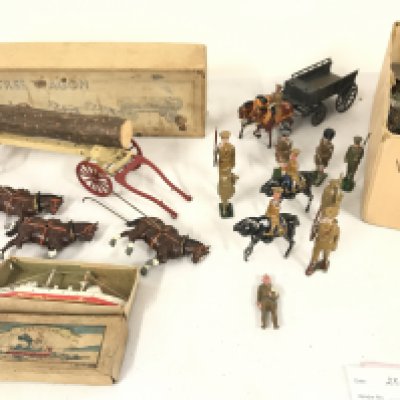 A Collection Of Vintage Playworn Led Soldiers And a Charbens Tree Wagon (Damaged). No Reserve.
