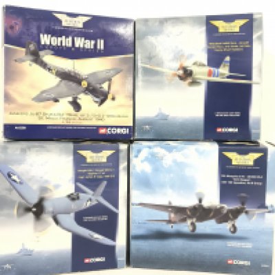 4 X Boxed Corgi Aviation Archive Modles. A Junkers Ju-87 Stuka AA32501. A Mitsubishi A6M2 Zero #AA33101. A Vought F4U-1 #AA33001 And A DH Mosquito #AA32801. No Reserve.