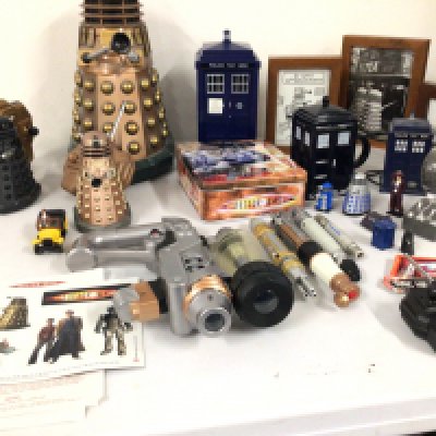 A collection of Dr.Who related items including remote control Dalek..sonic screwdrivers..Tardis..framed pictures and other items. No reserve