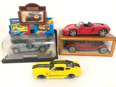 A Franklin Mint Rolls Royce Silver Ghost In Case. A Polistol Alfetta 1750 in Case. A Maisto Porsche Carrera GT And A Maisto 196 Ford Mustang. No Reserve.