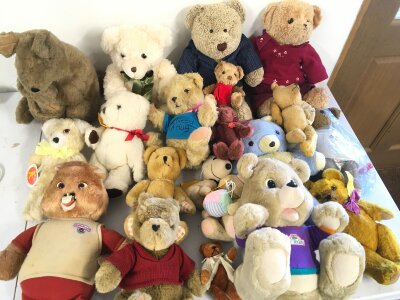 A large collection of various teddies including Harrods bear.