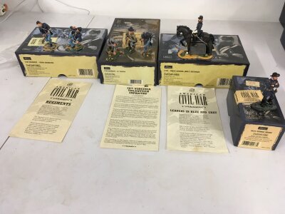 4 x boxed Britains sets from the American Civil War Series featuring 17290 Union casualties, 17289 28th Virginia, 17424 Major General John F Reynolds and 00273 George Meade.  No reserve