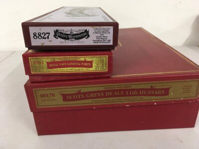 3 x boxed sets of metal minature military figures by Britains, includes 8827 Queens Westminsters, 8961 Royal Navy Landing party, 00170 Scots Greys Duals 11th Hussars.  No reserve