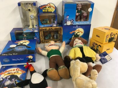 A varied collection of Wallace and Gromit Merchandise including, Plush toys, display pieces, Talking Door bell etc.  no reserve