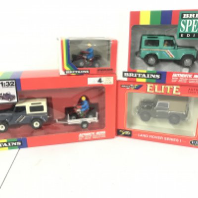 3 X Boxed Britains Land Rovers. A 4X4 #5946. A Land Rover Series I #00174 A Land Rover Defender 90 #9657. And A Honda All Terrain Vehicle #9401 (4).