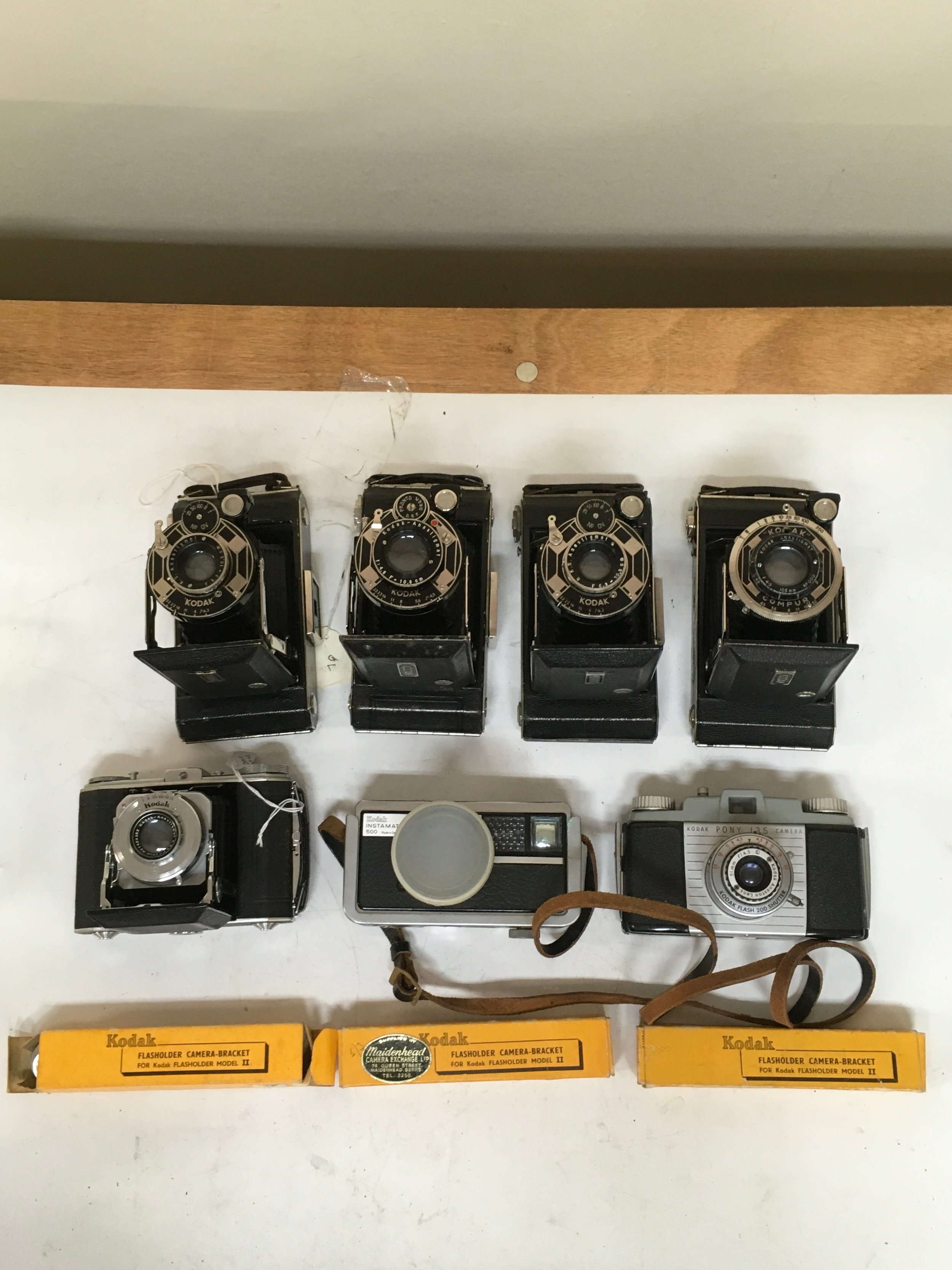  10 items.  4 Kodak - Anastigmat, 1 Kodak 620 Duo. 1 Kodak Instamatic 500. 1 Kodak Pony 135 Camera. 3 Flasholder camera - brackets.