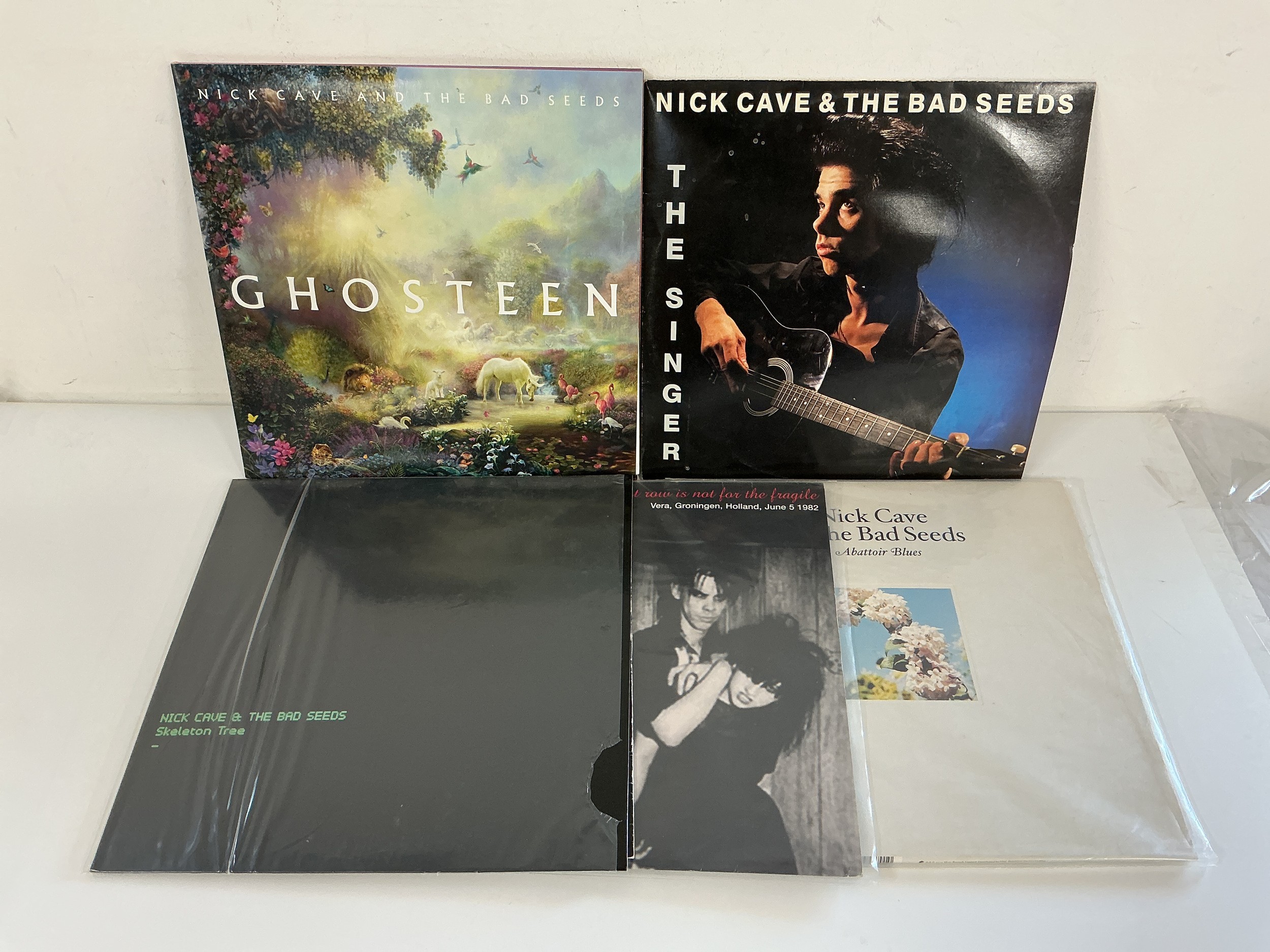 Five Nick Cave & The Bad Seeds LPs and 12" singles comprising Skeleton Tree, Abattoir Blues and others.