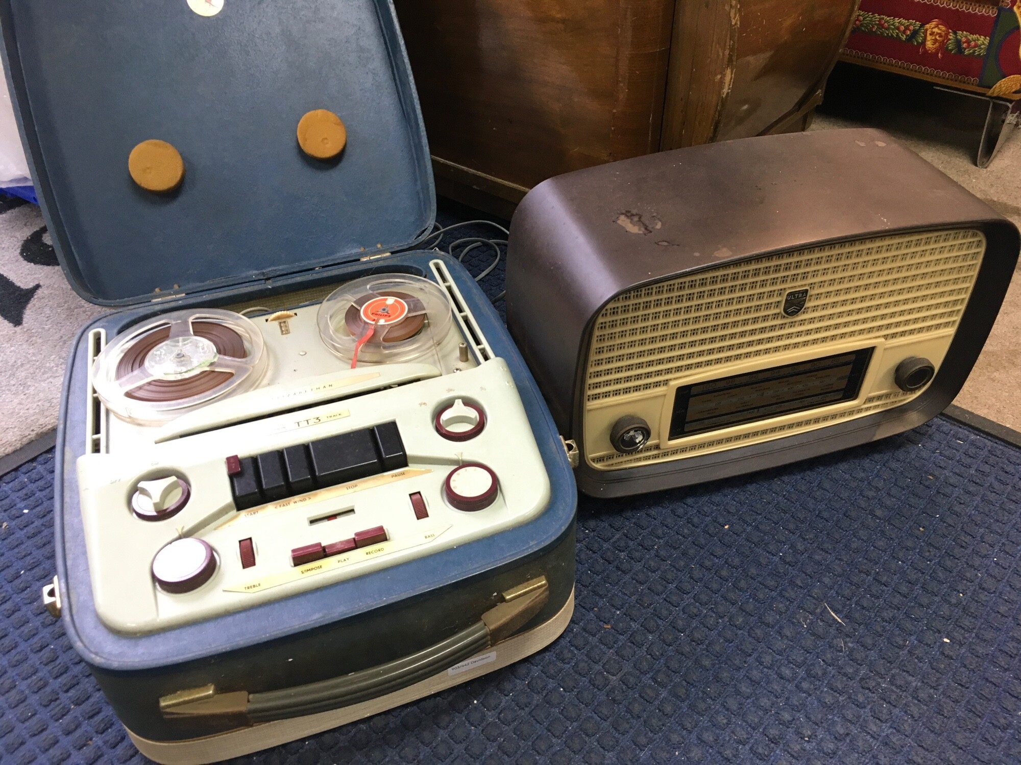 An Elizabethan TT3 twin track reel to reel player and a Bakelite radio (2).