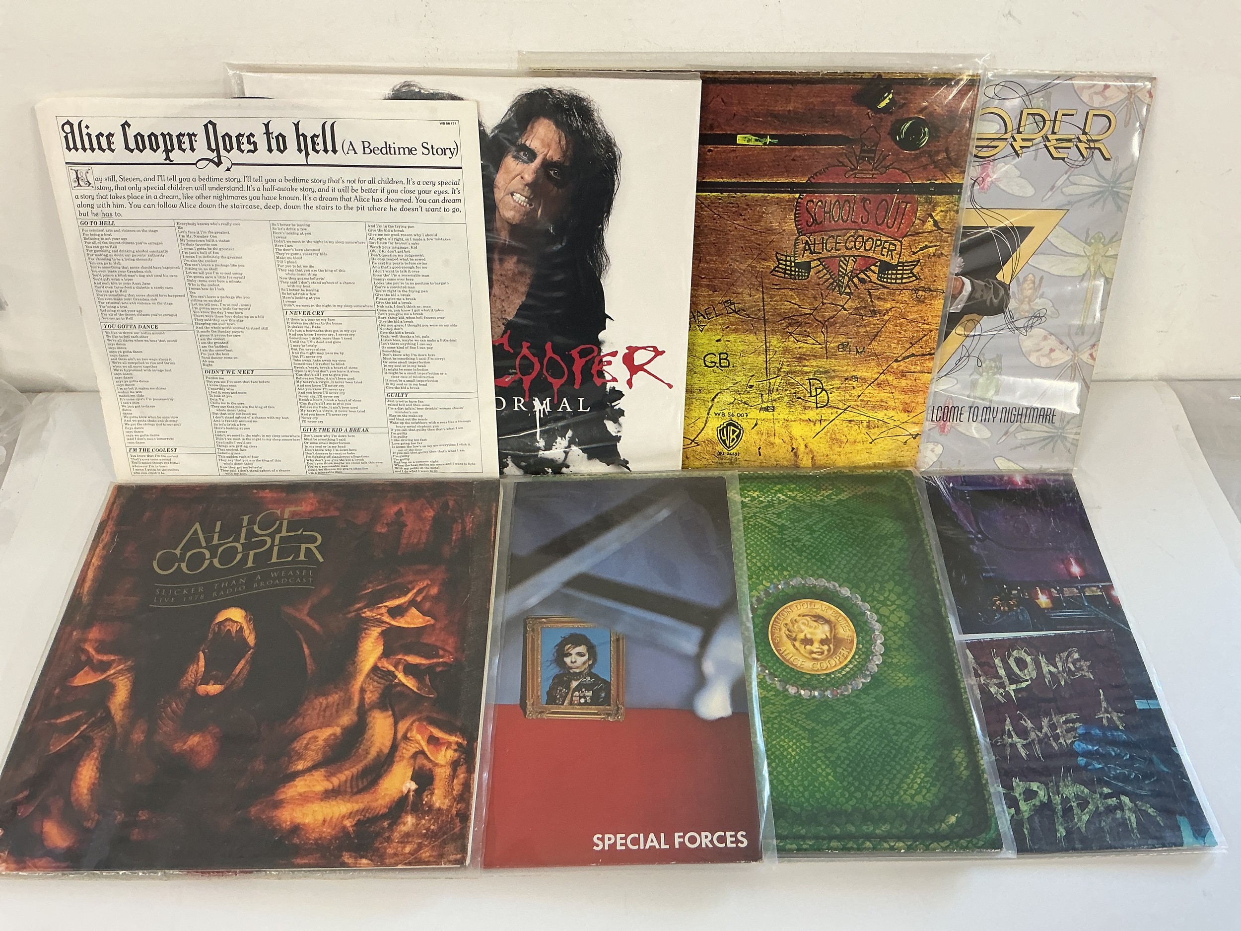 Eight Alice Cooper LPs comprising Special Forces, Billion Dollar Babies, Welcome To My Nightmare and others. Alice Cooper Goes To hell has no sleeve.