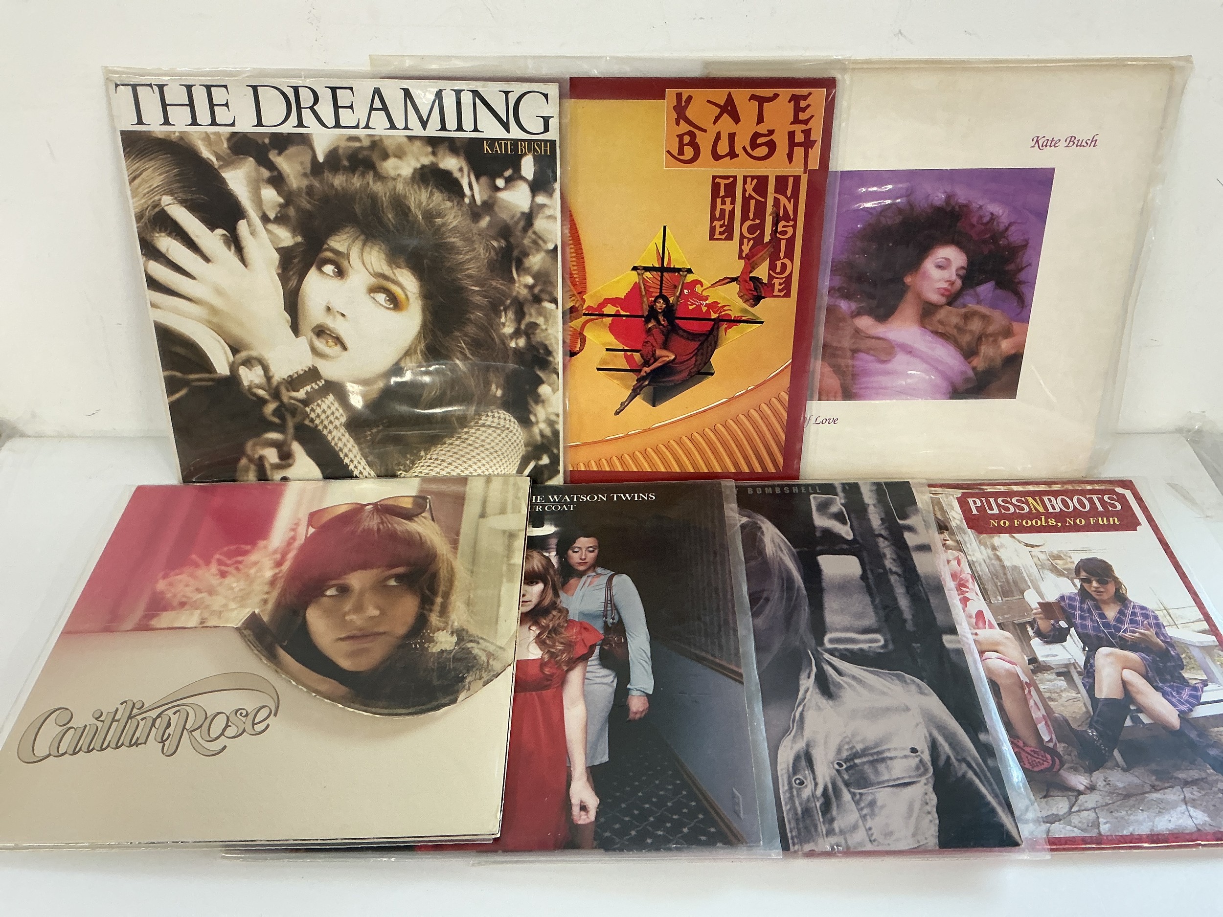 Seven LPs by female artists comprising Kate Bush, Caitlin Rose, The Fondas and others.