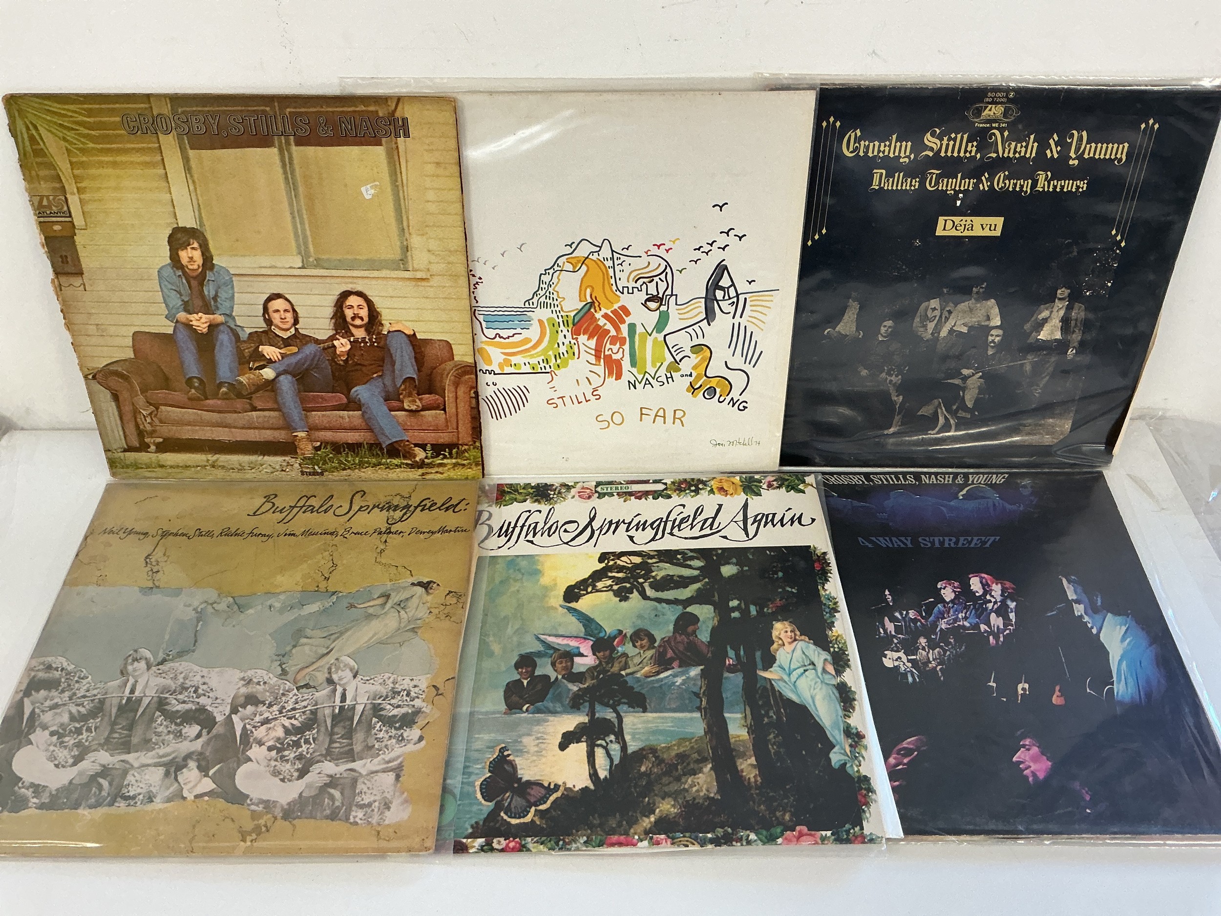 Thirteen Crosby, Stills, Nash & Young and related LPs comprising Deja Vu, Buffalo Springfield, 4 Way Street and others.