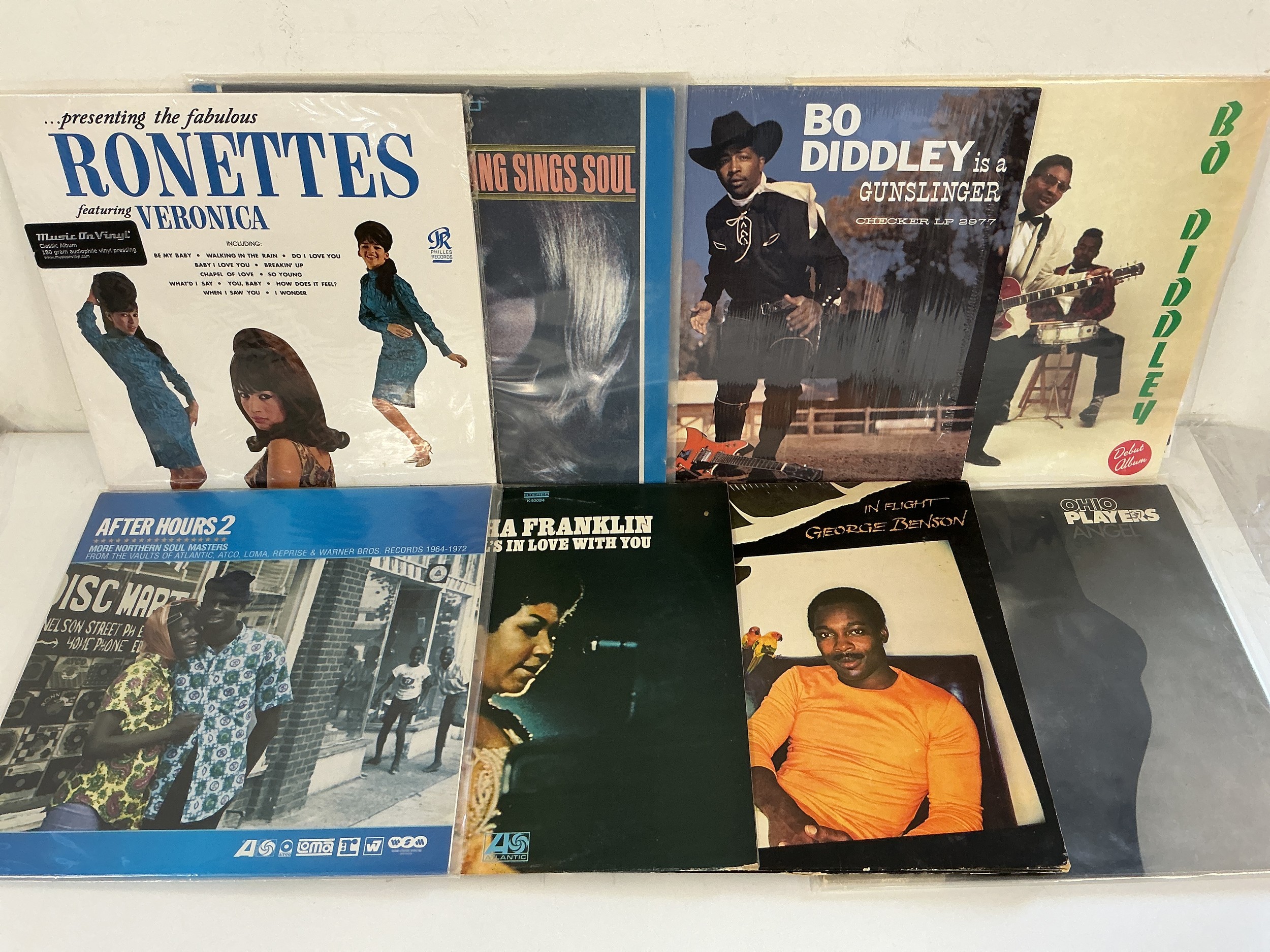 Sixteen soul and blues LPs and. 12" singles by various artists including Bo Diddley, George Benson, Otis Redding and others. Includes both original pressings and 180g reissues.