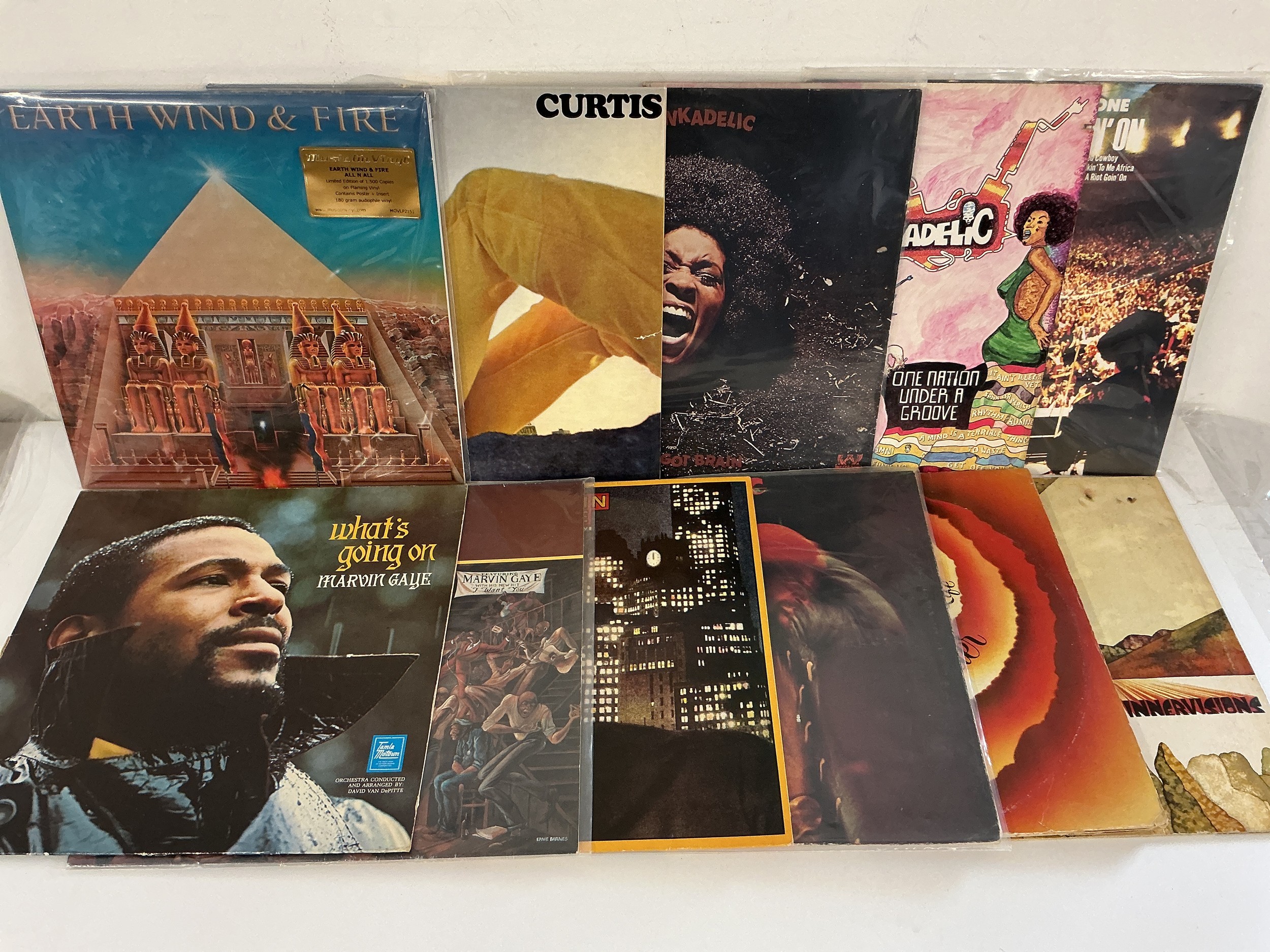 Eleven funk and soul LPs by various artists including Funkadelic, Marvin Gaye, Sly & The Family Stone and others. Includes some 180g coloured vinyl examples.