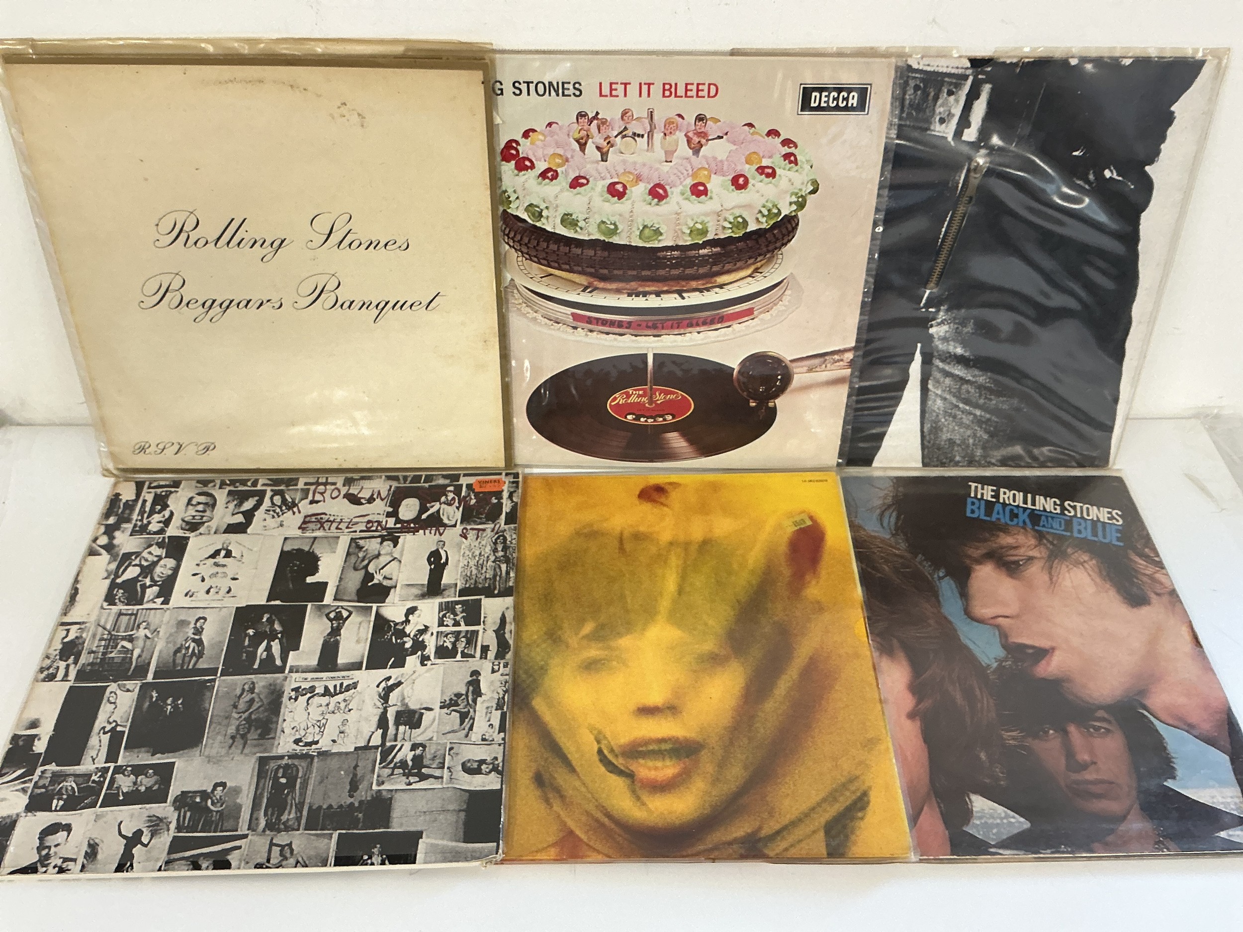 Six Rolling Stones LPs comprising UK pressings of Beggars Banquet, Let It Bleed, Exile On Main Street and others.