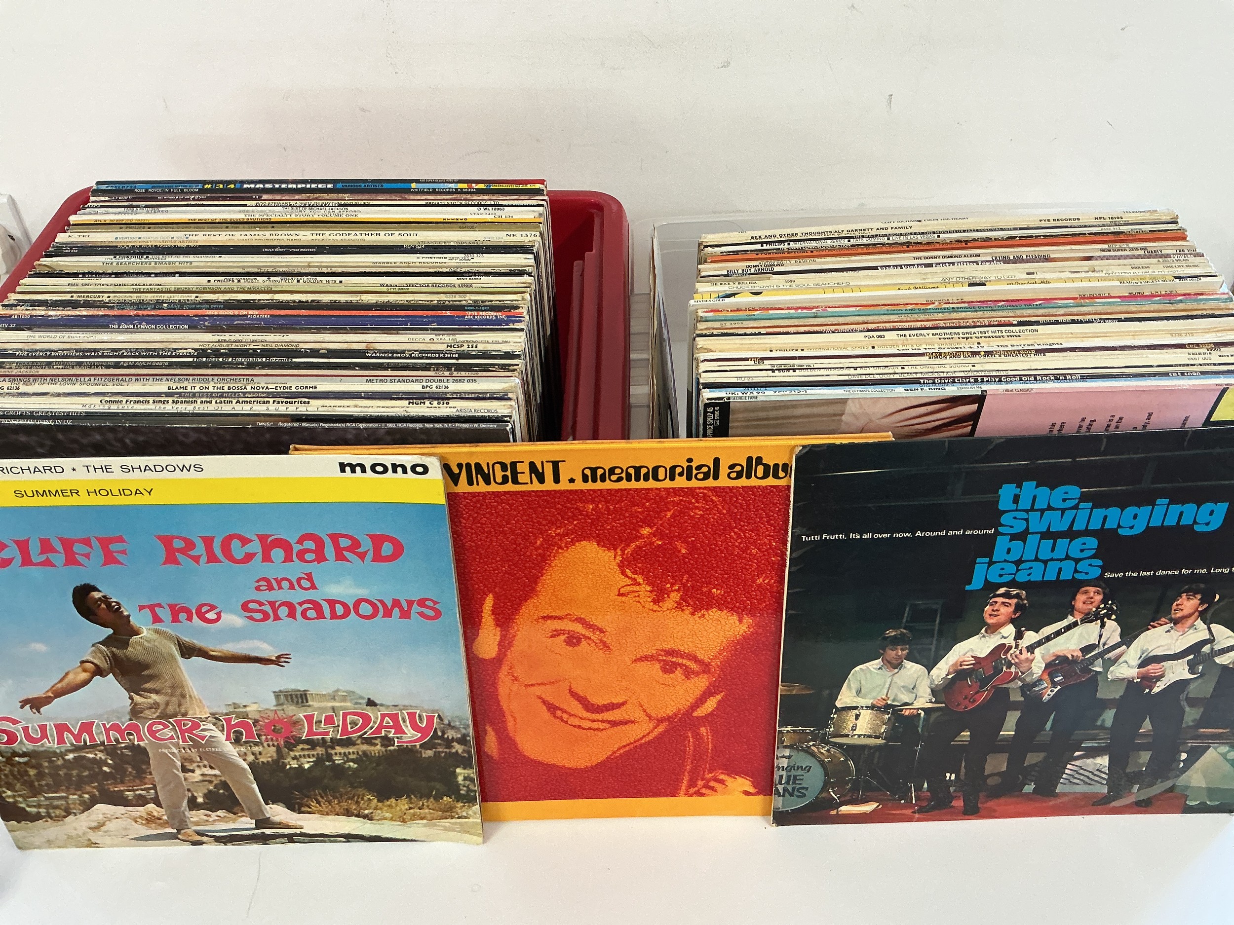 Two boxes of LPs and 78s by various 1960s and rock n roll artists.