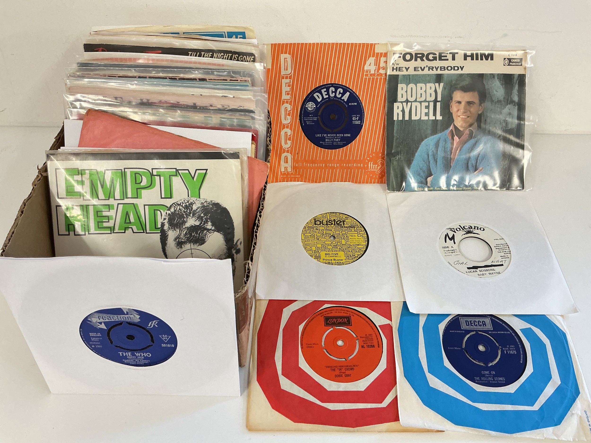 A collection of 7" singles by various artists including The Who, Rolling Stones, Billy Fury, Prince Buster and many more.