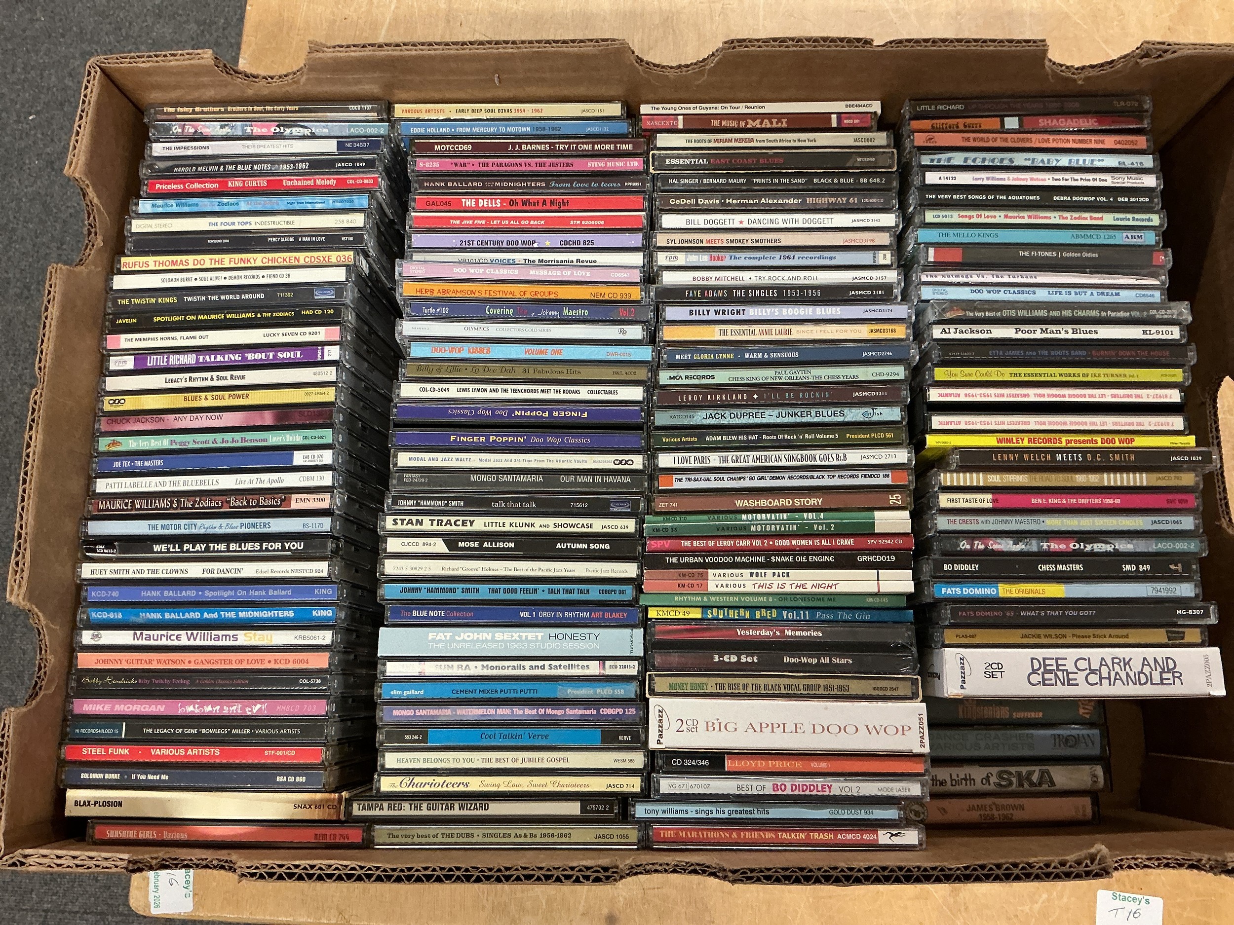 A box of soul, doo wop and jazz CDs and cassettes.