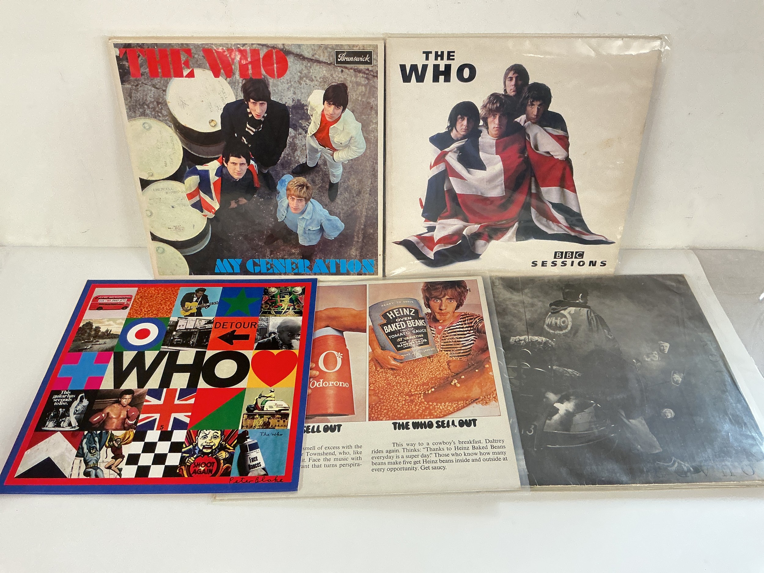 Five LPs by The Who comprising reissues of My Generation, The Who Sell Out and others plus BBC Sessions (one disc missing).