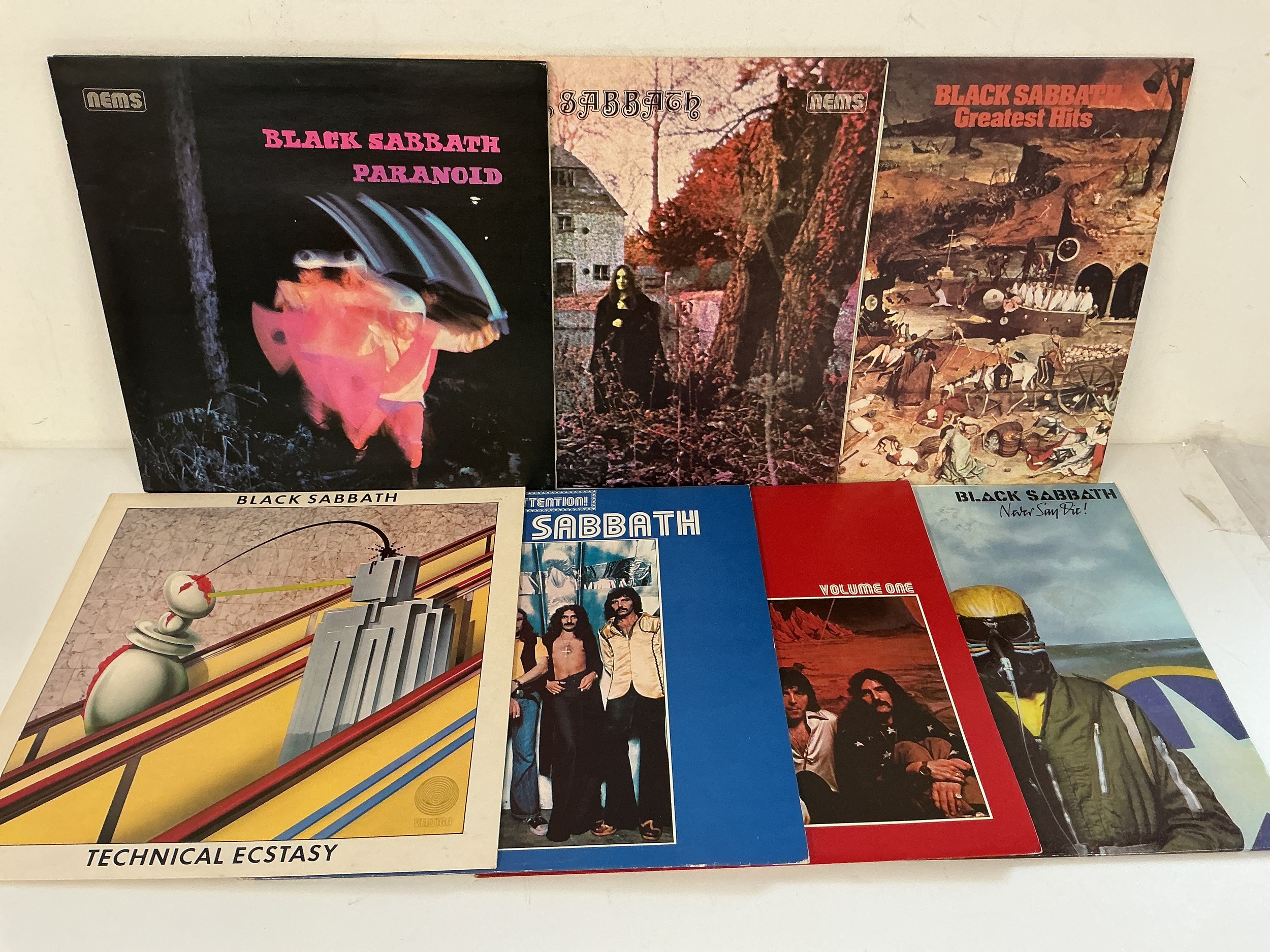 Seven LPs by Black Sabbath comprising Paranoid, Technical Ecstasy, the self titled debut and others.