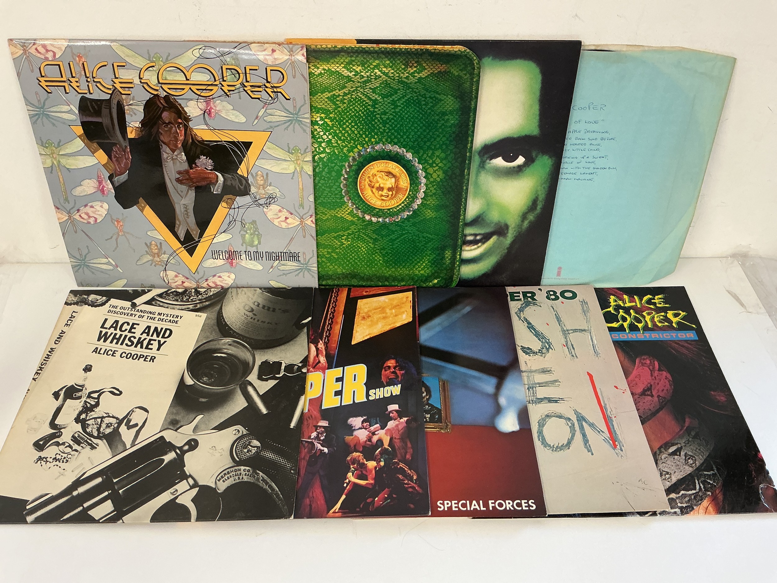 Nine Alice Cooper LPs comprising Welcome to My Nightmare, Billion Dollar Babies, Goes To Hell and others.