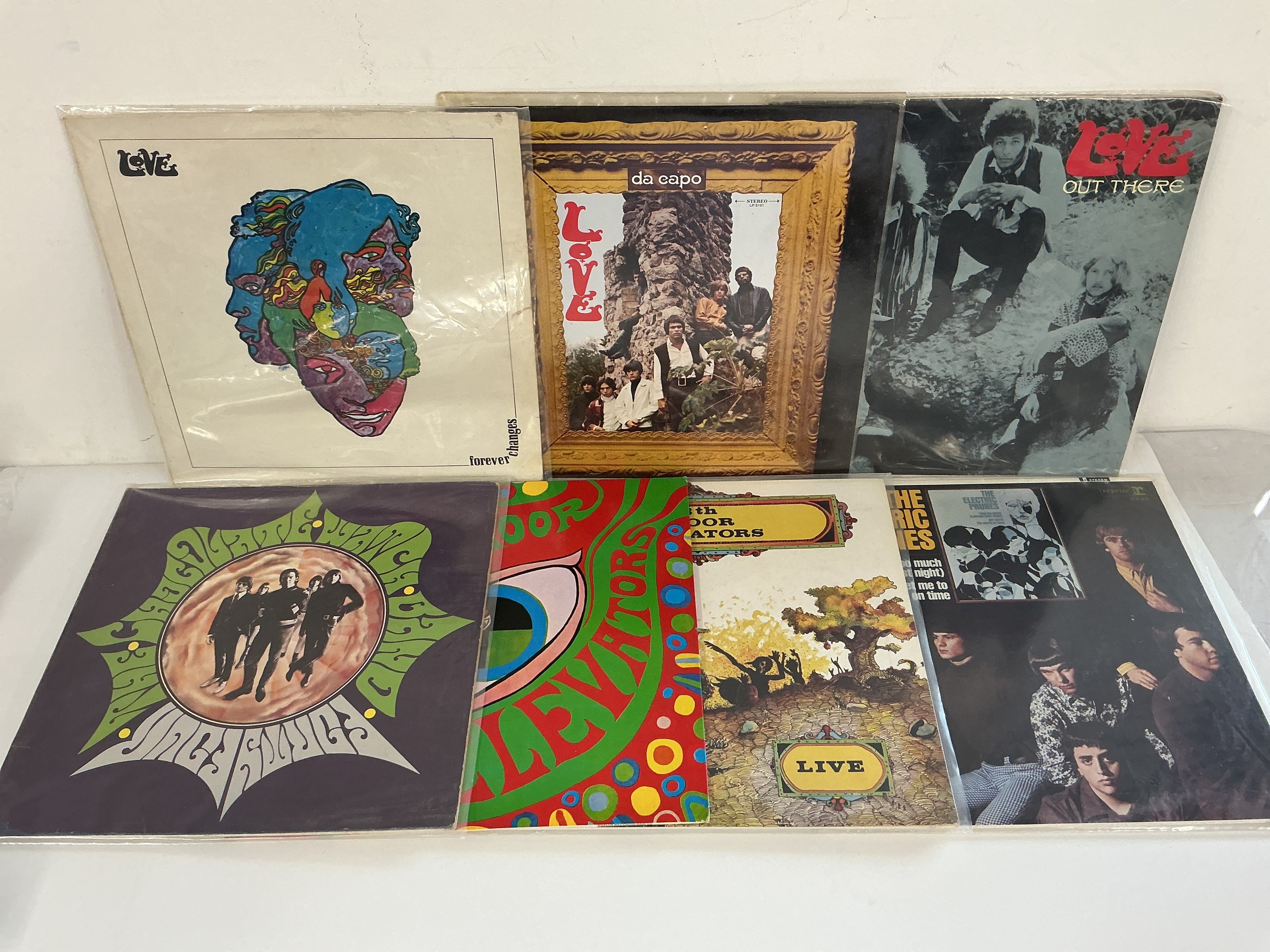Seven psych rock reissue LPs including some 180g pressings by various artists including Love, 13th Floor Elevators, Chocolate Watch Band and The Electric Prunes.