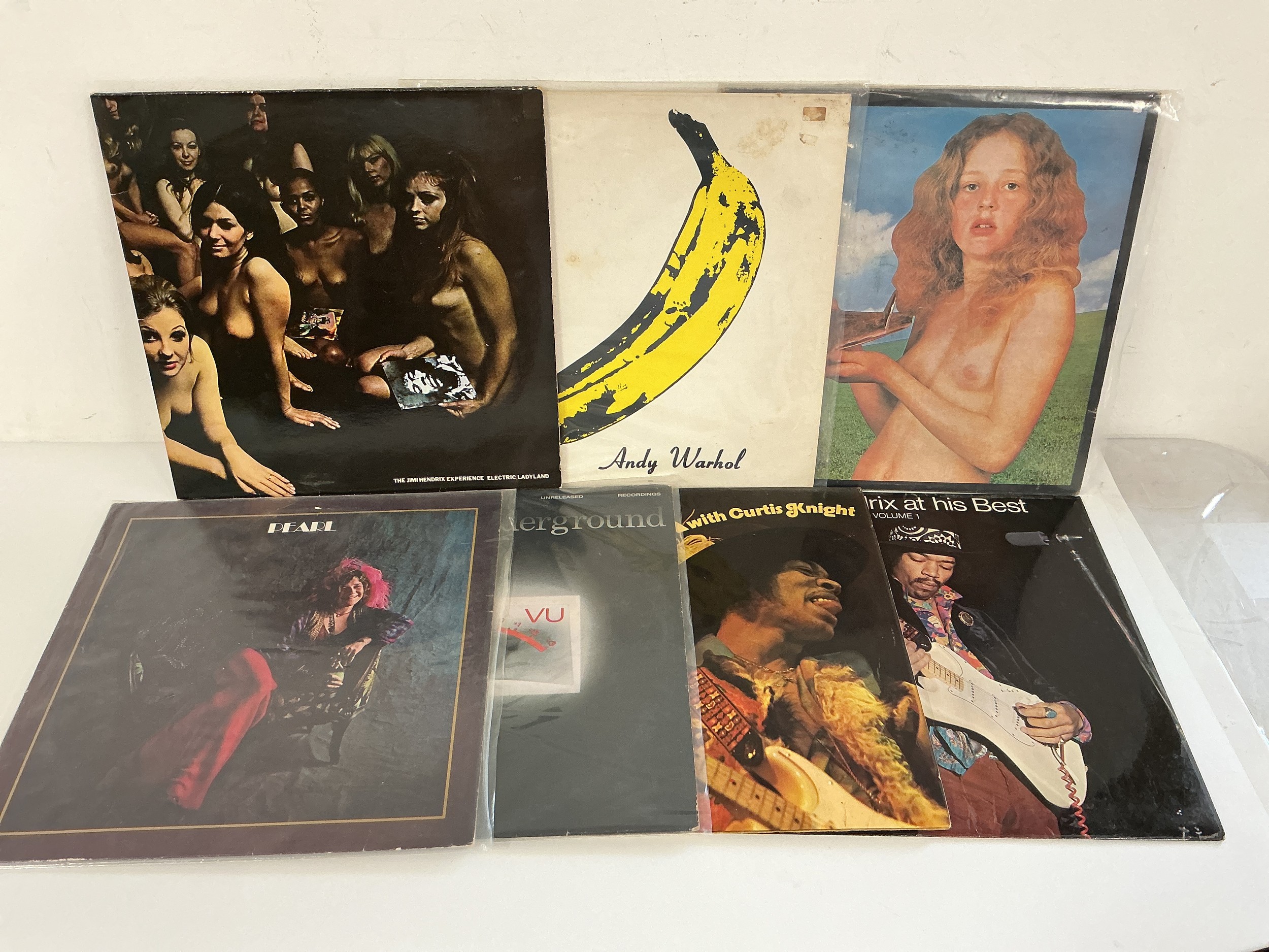 Seven LPs by various artists including Jimi Hendrix, Velvet Underground, Blind Faith and Janis Joplin. Includes Electric Ladyland with incorrect labels to disc one with Side A labels on both sides.