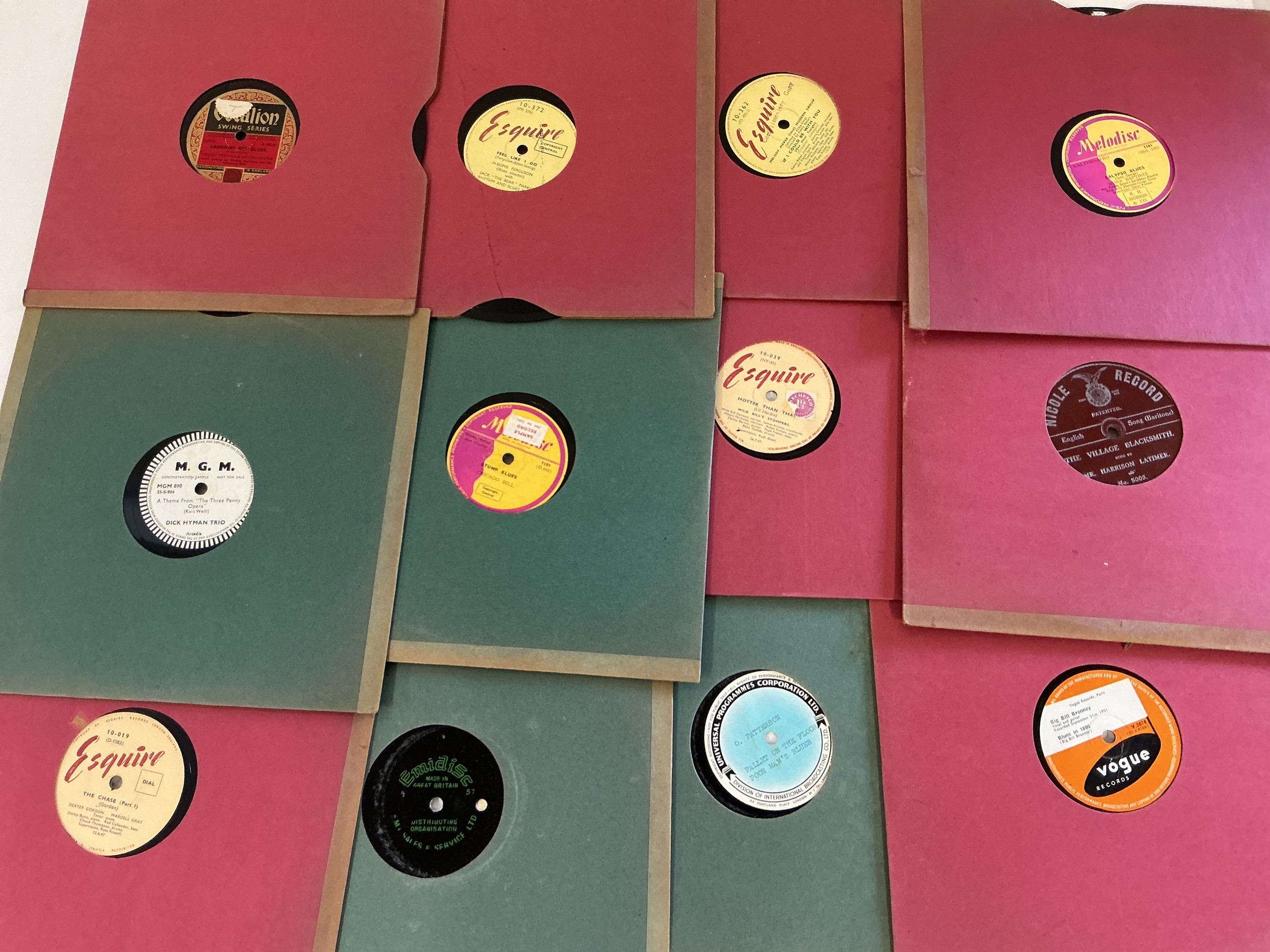 A collection of jazz and blues 78s including demo discs. Various artists including Big Bill Broonzy, H Bomb Ferguson, Chicago Bill and many more.
